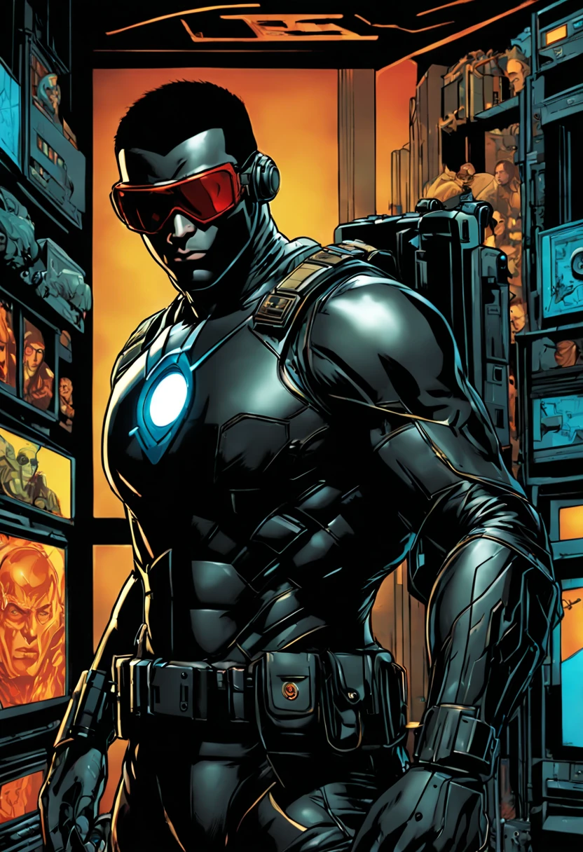 Type of Image comic book cover, Subject Description a Secret Agent with gadgets visible on a tactical belt, sneaking through a laser security system in a museum with ancient artifacts, Art Styles bold ink outlines with cell shading, Art Inspirations from Marvel Comics and DC Comics, Camera 800mm, Shot extreme close-up of the agent's focused eyes with reflection of the lasers, Render Related Information high resolution with dynamic action lines and color splash effects