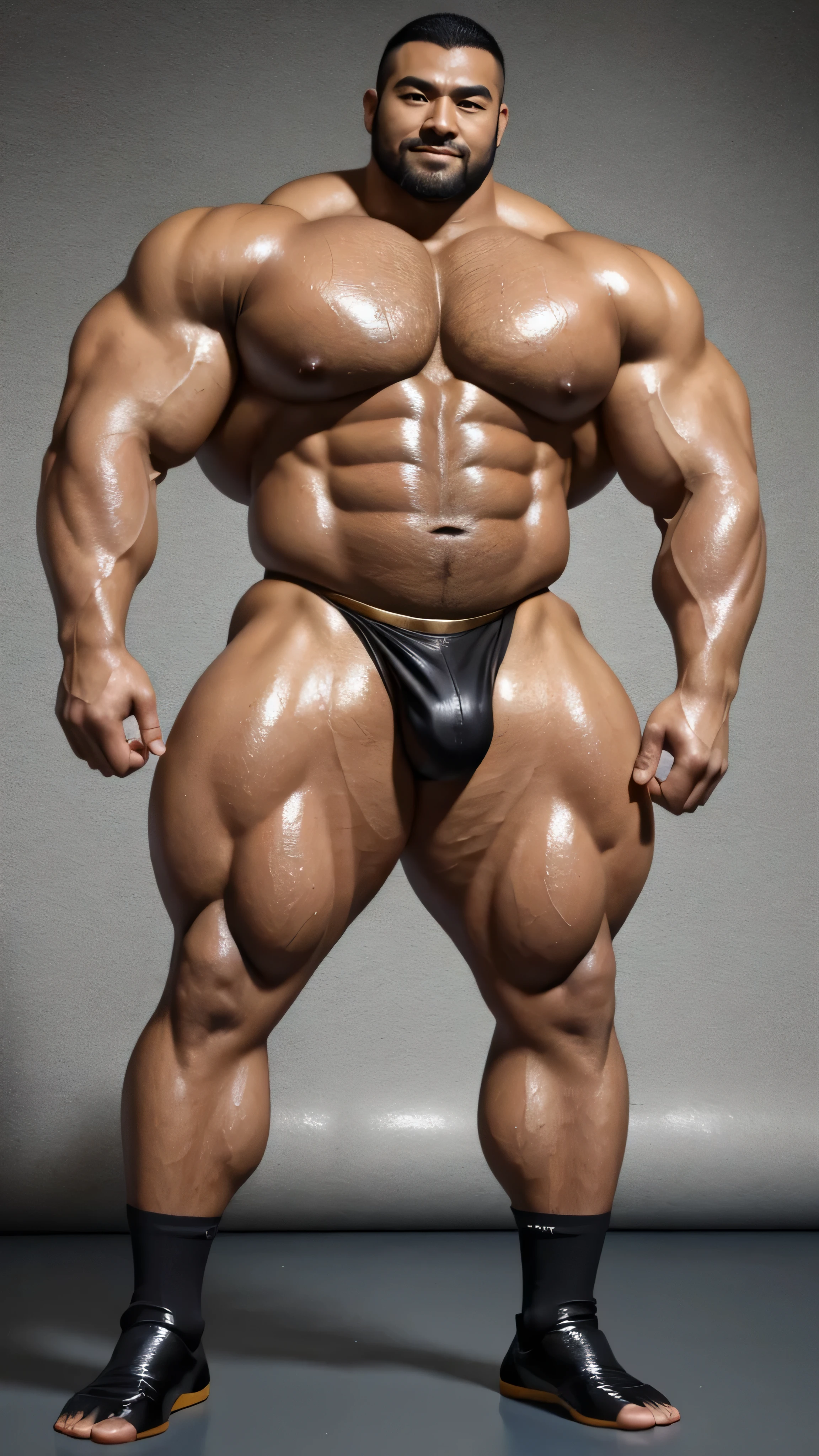 一位中国bodybuilding运动员，30 years old，High, bodybuilding，short hair, O-shaped beard，Perfect body, Dark and shiny complexion，Muscle bulge, muscular, Very big pecs，Very sexy abs，Leg muscles are very developed，Tall and handsome，Huge bumpy area，Brighten oily skin，Wearing a gold leather shiny thong,handsome face，Detailed facial features, Correct and accurate male anatomy, full-body shot, Large pecs, Wet oil wax gloss for oily muscles and skin，wear black socks，standing in front of gray background board。
