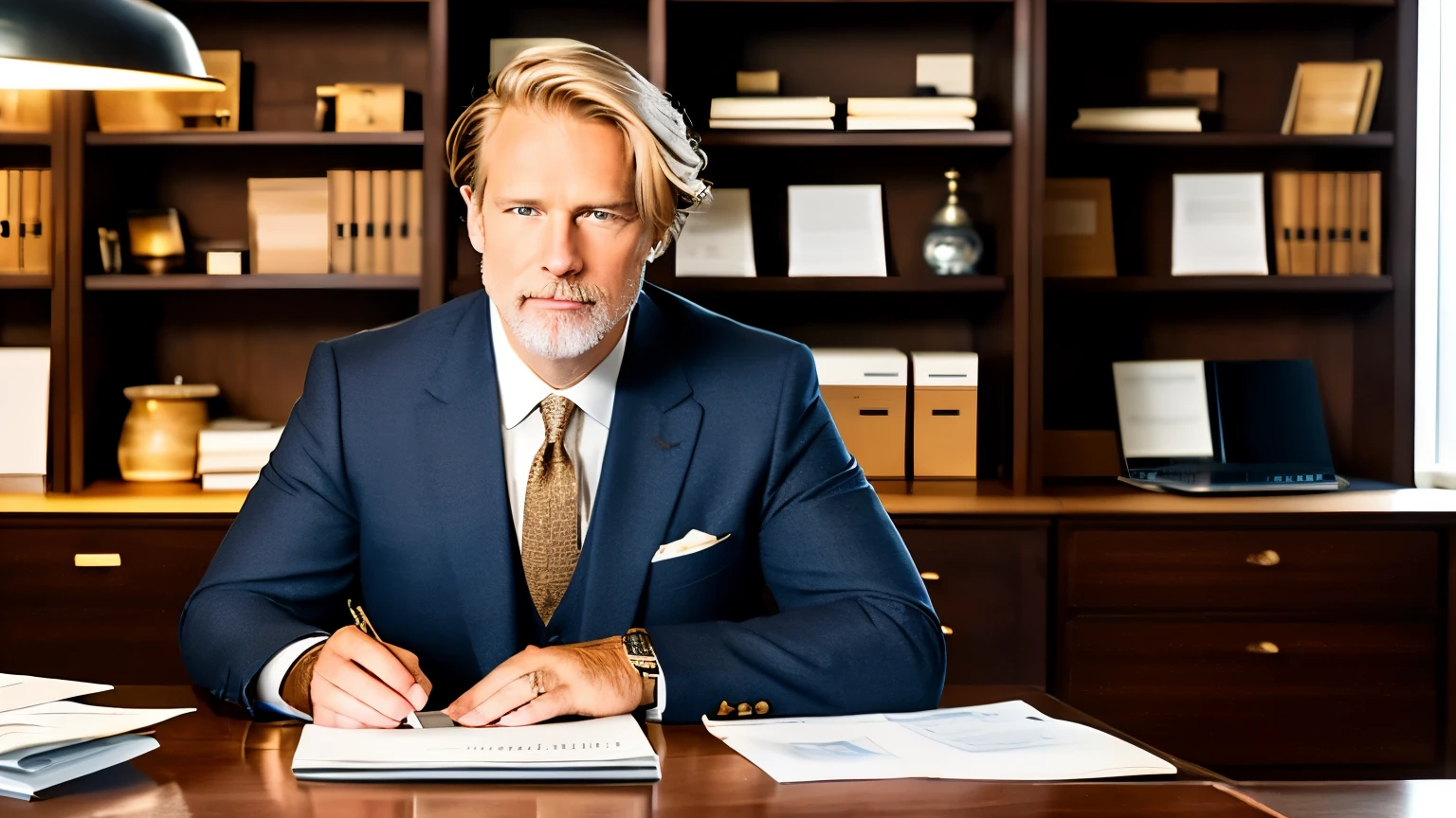 A distinguished gentleman in a crisp blue three-piece suit sits at a sleek office table, his laptop open in front of him. His short, blond hair is neatly styled, and the light from the window casts a warm glow on his face. The cabinets behind him are filled with meticulously organized folders of important documents.