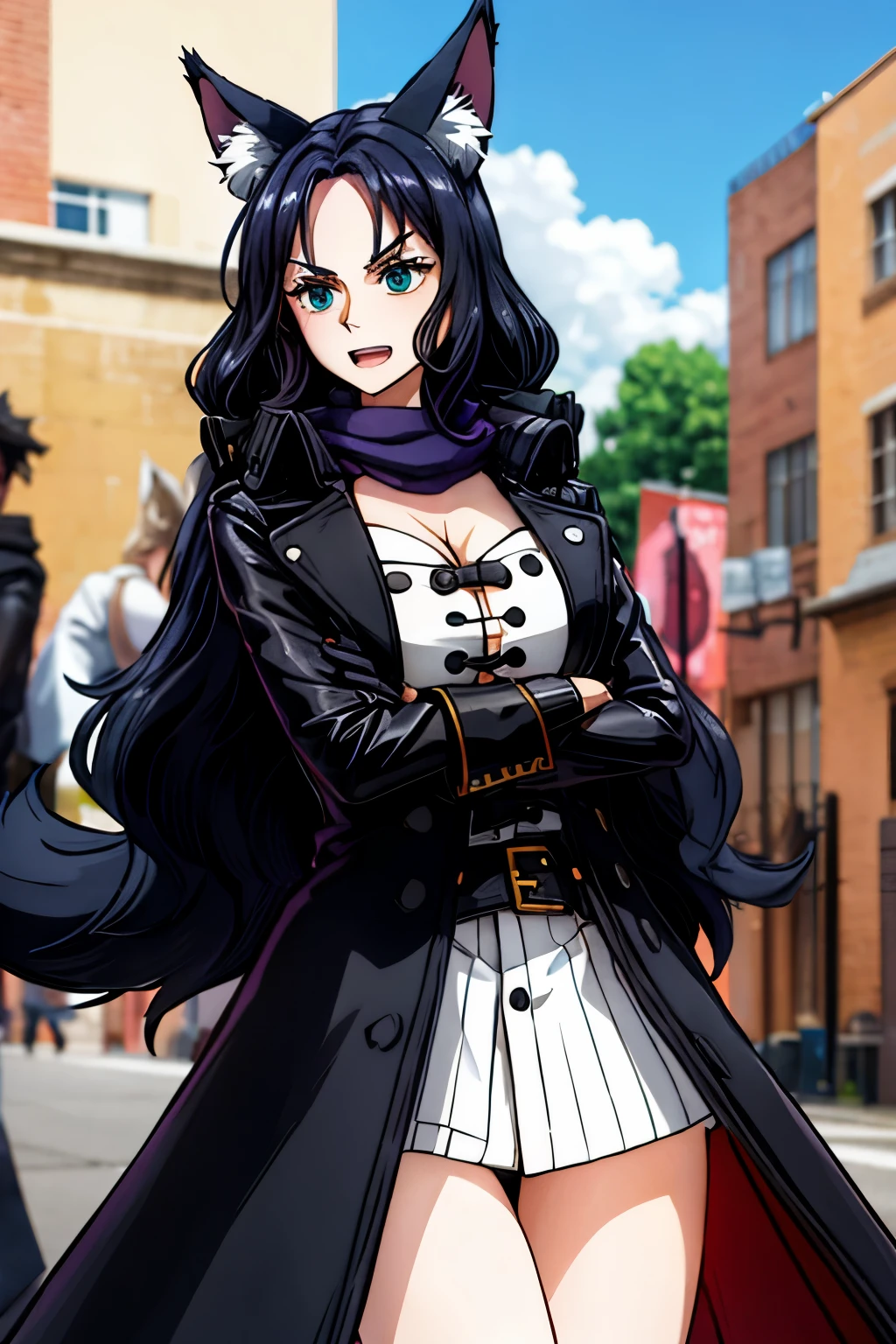 1girl, animal ear fluff, animal ears, aqua eyes, bangs, black coat, breasts, buttons, coat, crossed arms, fox ears, fox girl, highres, large breasts, long hair, looking at viewer, open mouth, partially unbuttoned, road, scarf, shirt, short eyebrows, smile, solo, standing, street, tail, thick eyebrows, upper body, white shirt, from below
