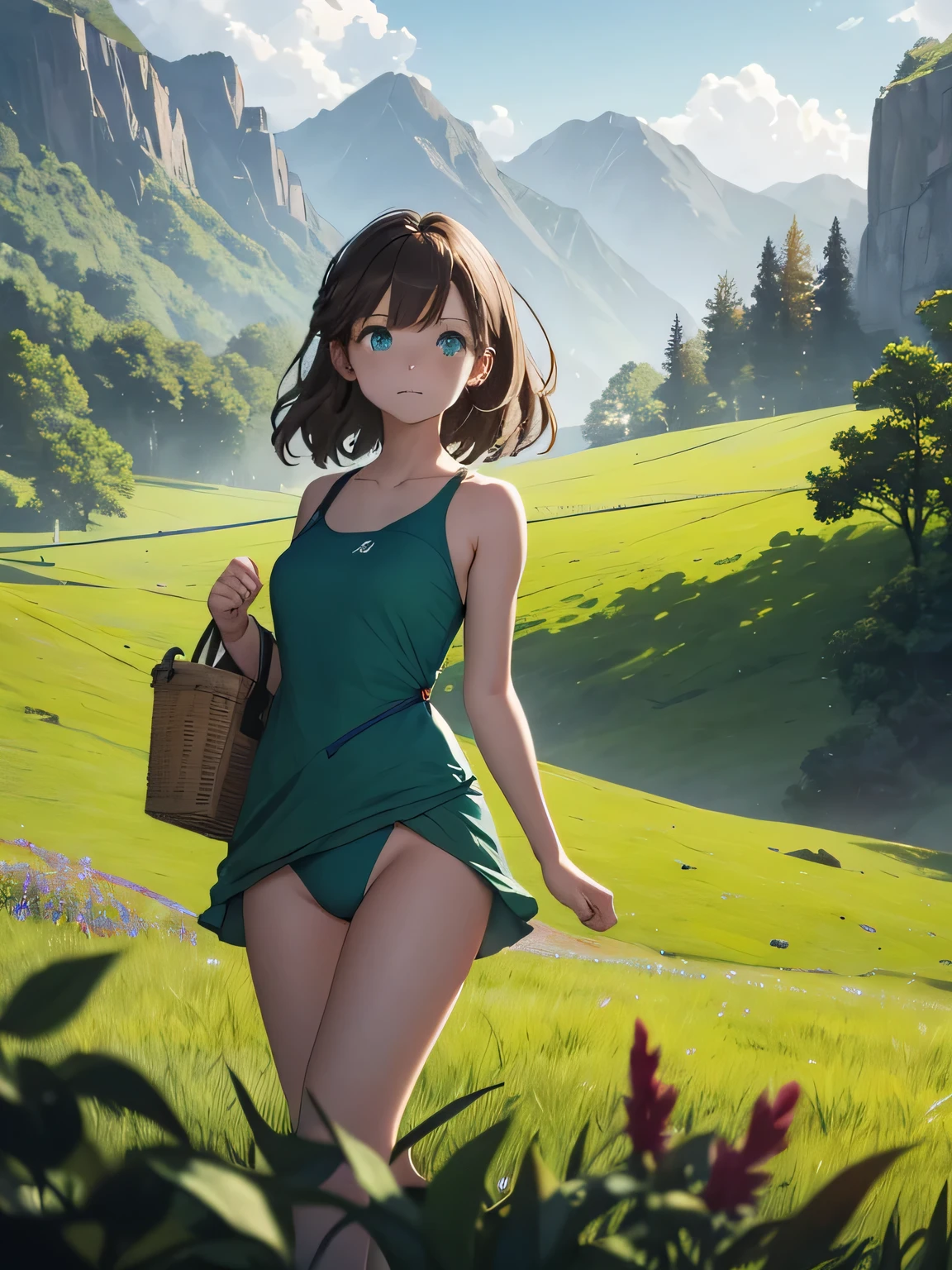 In a green meadow stands a girl with blue eyes and brown hair in a swimsuit having a picnic.
RUPTURE Avec une expression courageuse, elle les guide vers leur destination.
POUR RUPTURE Derrière elle, a green forest&#39;extends, and beyond that, les montagnes s&#39;rise far away.
POUR RUPTURE L&#39;effet le plus approprié pour cette scène serait une technique de peinture à l&#39;aquarelle pour capturer la douceur de la prairie et la fluidité du mouvement..

