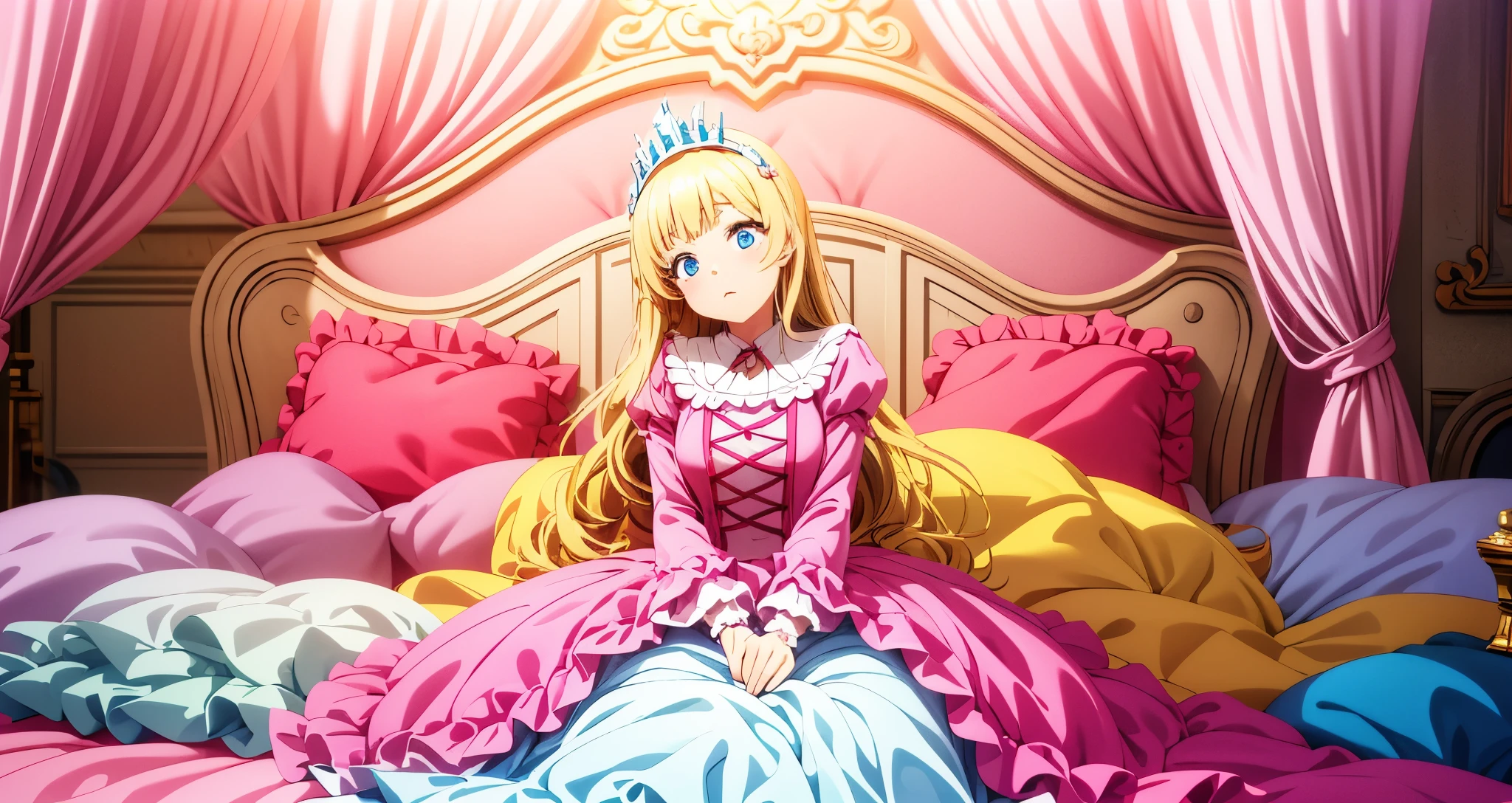 ,highest quality, masterpiece, highest resolution, artwork, super それにget used to it, many get used to it, get used to it, それにget used to it, 3K anime illustration,,(( When I was 10 years old)),Super detailed baby face,She is a princess,Full length ball gown dress with hoop skirt,ruffle yoke collar,puff sleeves,long sleeve,((Lolita style hot pink detailed princess satin dress、Comes with lots of frills and ribbons。)),colorful rococo fashion,shiny satin dress,Soft and smooth fabric,luxury,long blonde hair,blue eyes,white skin european,pajamas,((inside the palace)),,,(( When I was 10 years old)),Super detailed baby face,Full length ball gown dress with hoop skirt,long skirt,ruffle yoke collar,puff sleeves,腰まで伸びるlong blonde hair,blue eyes,white skin european,pajamas,((inside the palace bedroom)),ピンクのシルクサテンのluxuryなcanopy bedの上,canopy bed,luxurious curtains under the canopy,many frilly pillows on the bed,super detailed background,detailed bed,silk satin bed sheets,soft silk satin comforter,Soft silk satin ruffled pillow in pastel colors,little princess is sitting on the bed,legs are hidden in the dress,Don&#39;Don&#39;t put your feet out to the side,Beautiful girl illustration,detailed beautiful face detailed hair,detailed human eye ,detailed mouth, arm details,fine hands,Detailed pillow,Behind the girl is a pile of frilly pillows.,