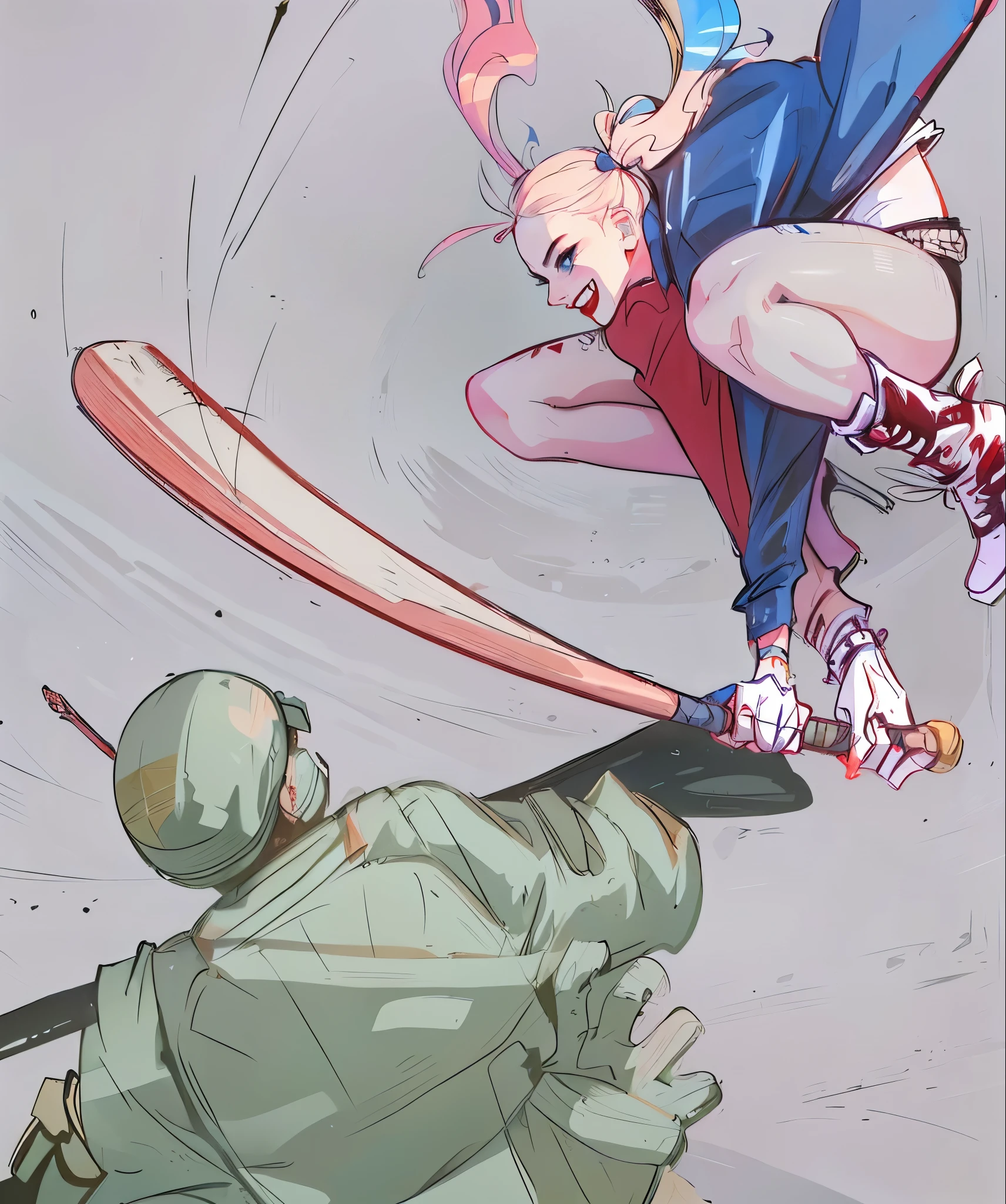 ((Samdoesart)), detailed face, extremely detailed painting, pixar, maximum quality, (simple background), ((Samdoesart)), detailed face, extremely detailed painting, pixar, maximum quality, (simple background), harley quinn, Pantyhose, Jumping holding a baton, with a soldier at his side, 4k high resolution, baseball bat, harley quinn