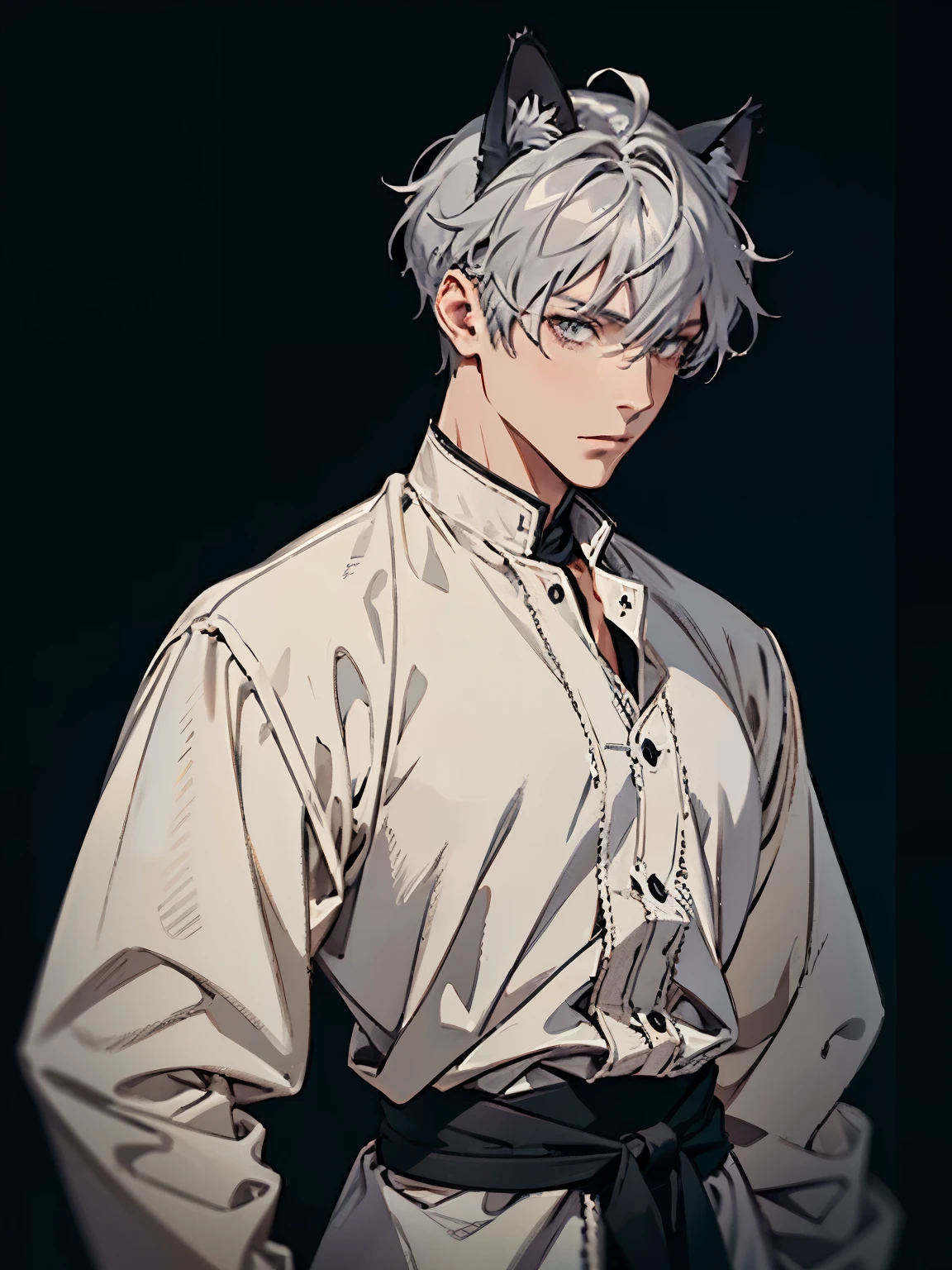 Man, Guy with Gray hair, male, cat ears, standing, medieval dress looking at viewer, digital art, masterpiece, sharp, black background, close look, no background,