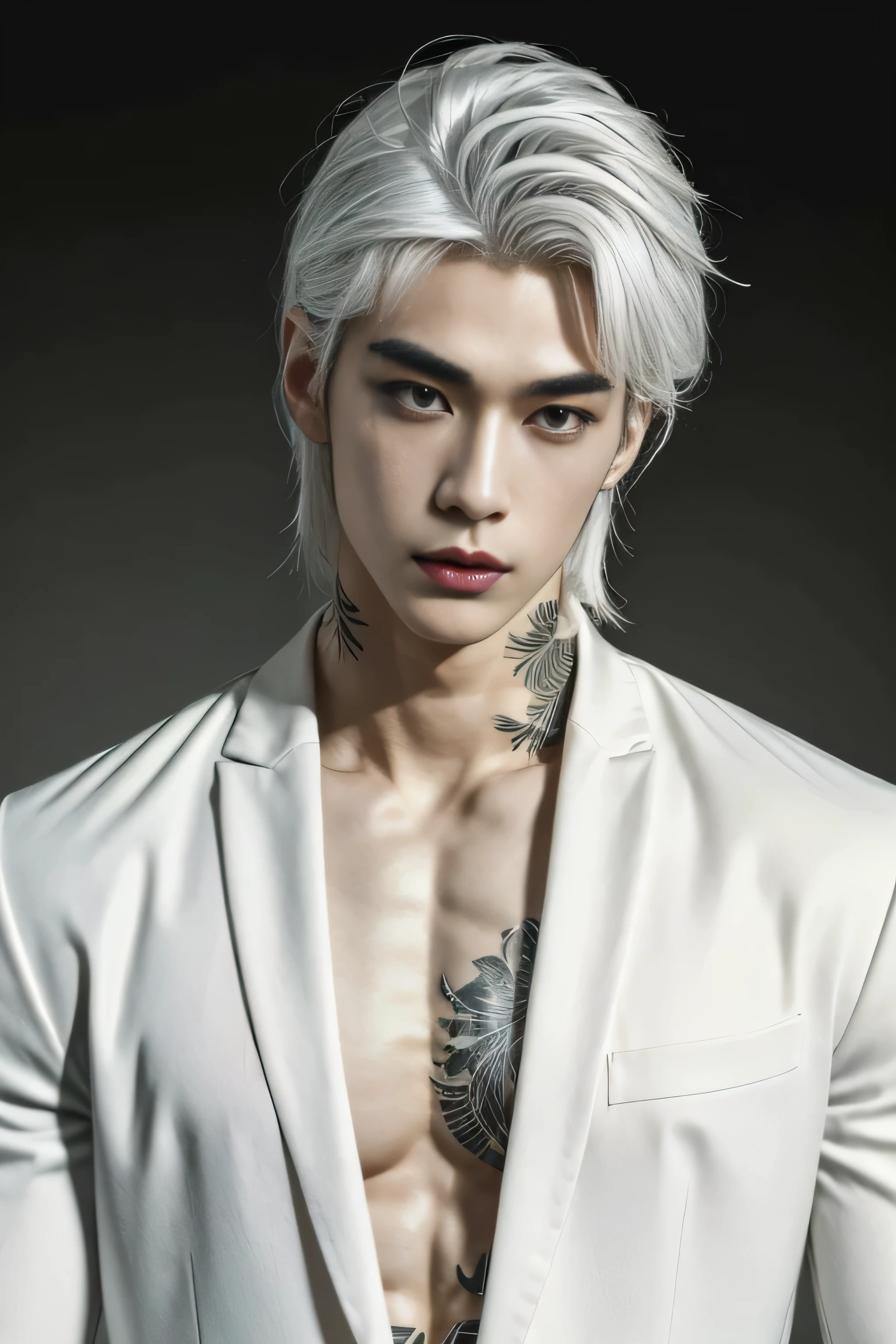 masterpiece, best quality, handsome Asian 25 year old, fair skin male, white hair, perfect face, chest abs, slender, masculine, tattoos, white clothes