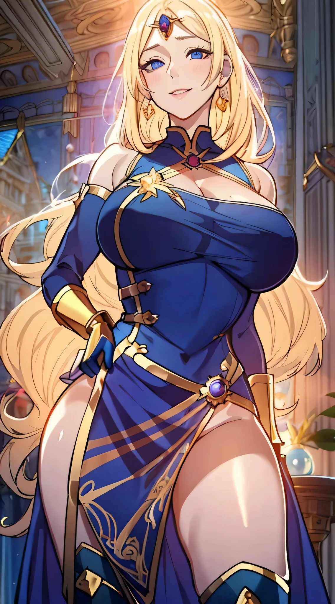 Lian, long blonde hair, hair stick, bangs, blue eyes, solo, smiling, standing, upper body, hips, bare shoulders,purple thighhighs, blue dress, gold jewelry,armor,gloves,circlet, cleavage, red and gold royal castle, gigantic breasts, (best quality, masterpiece, beautiful and aesthetic:1.2, highest detailed face, perfect face,)  eyes, perfect face,expressive eyes,
looking at viewer, in the center of the image,(Upper_body),(Focus on her face),
official art,extremely detailed CG unity 8k wallpaper, perfect lighting,Colorful, Bright_Front_face_Lighting,shiny skin, 
(masterpiece:1.0),(best_quality:1.0), ultra high res,4K,ultra-detailed
