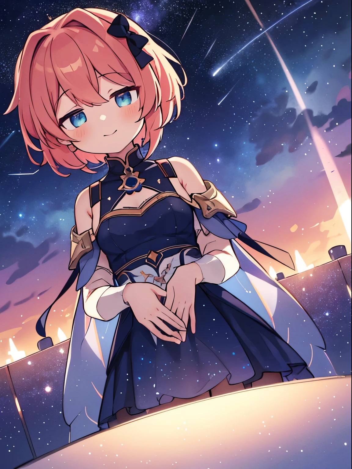 High detail, Super detail, ultra high resolution, Girl enjoying time in dream galaxy, Surrounded by stars, A warm light illuminated her, background - starry sky with colorful galaxies and galactic clouds, stars fly around her, gentle face, Adding a playful atmosphere , --v6 sayori