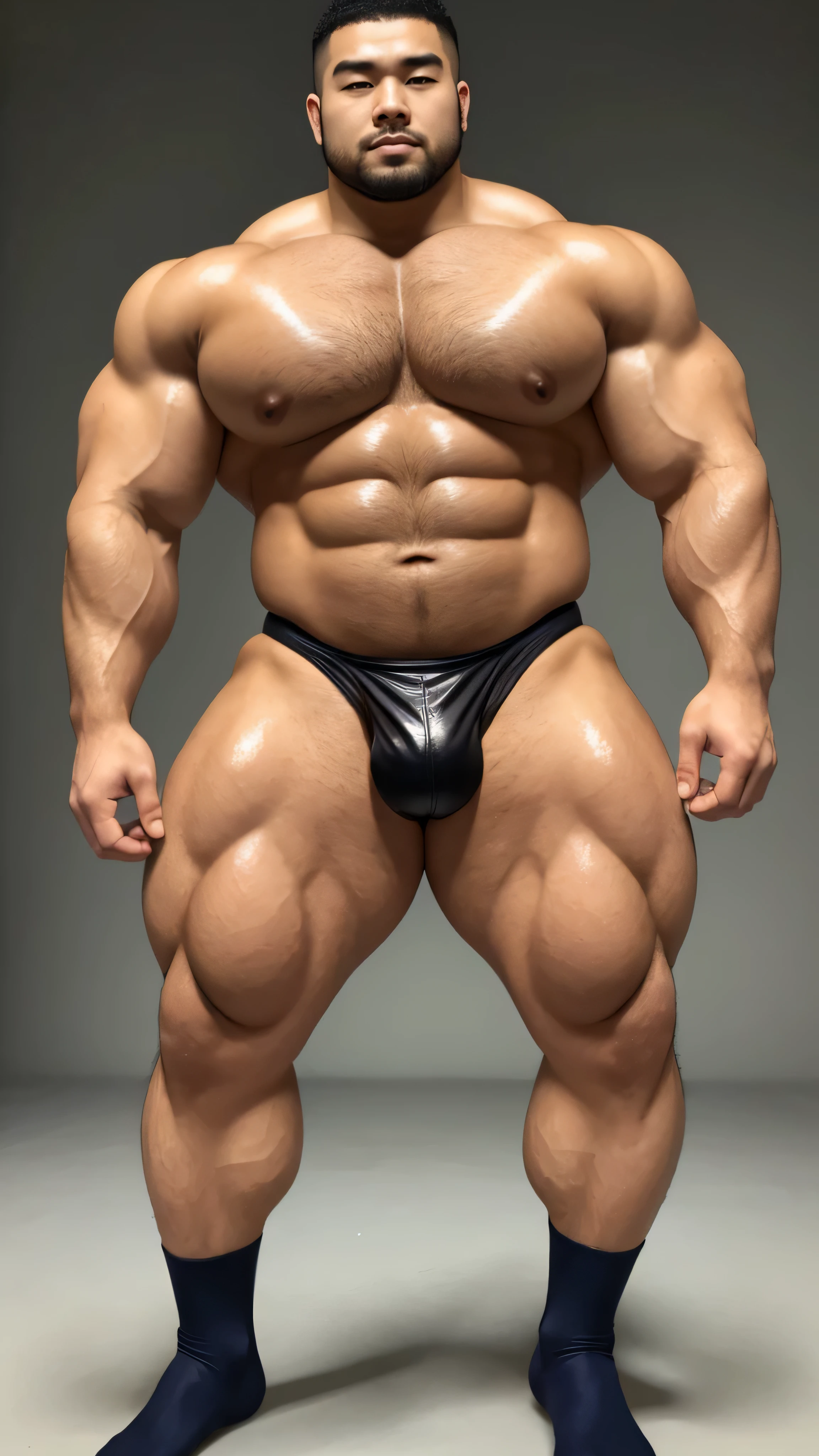 一位中国bodybuilding运动员,30 years old,High, bodybuilding,short hair, O-shaped beard,Perfect body, Dark and shiny complexion,Muscle bulge, muscular, Very big pecs,Very sexy abs,Leg muscles are very developed,Tall and handsome,Huge bumpy area,Brighten oily skin,Wearing a gold leather shiny thong,handsome face,Detailed facial features, Correct and accurate male anatomy, full-body shot, Large pecs, Wet oil wax gloss for oily muscles and skin,wear black socks,standing in front of gray background board。