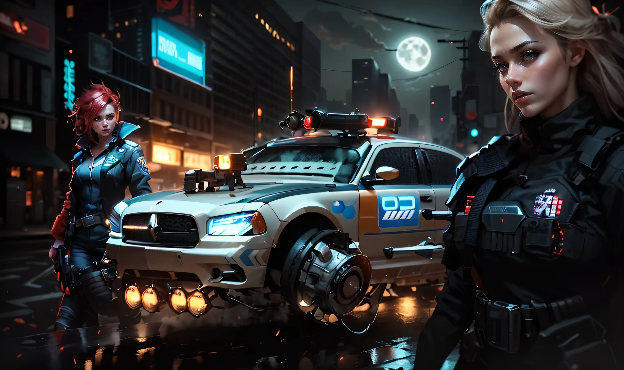 A Hover Police DODGE armed with missiles and machine guns in a dark alley on a night in the cyberpunk city of New York, a beautiful woman armed with a rifle on the left and a beautiful policewoman in a police uniform and looking at us, in the city sky there are clouds and a moon behind them with a tense climax