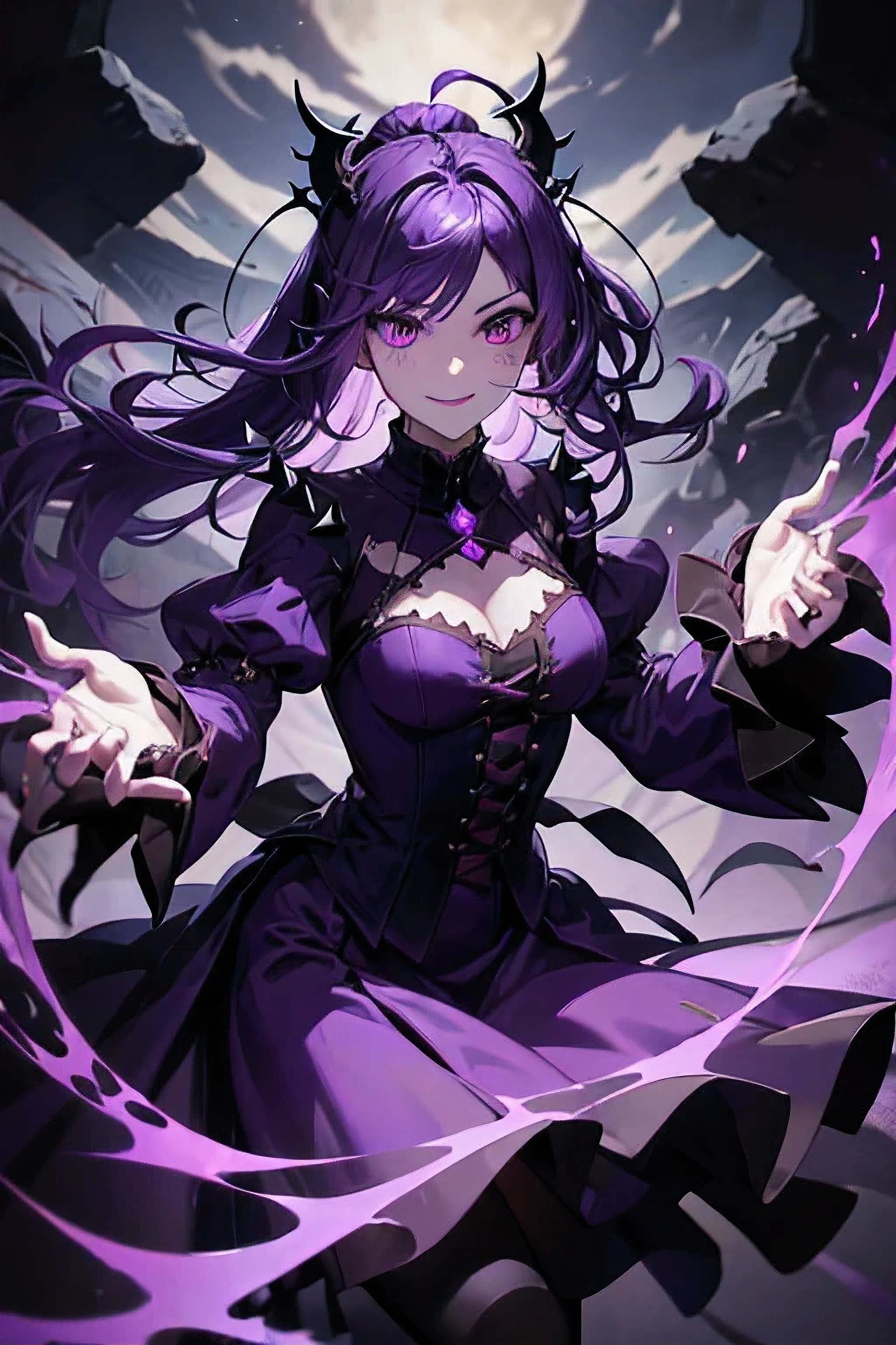 Ghost, (monster girl), purple skin, spikes, spiky purple hair, a fanged grin, floating hands, dressed in a dark-purple dress, floating in midair, masterpiece, best quality