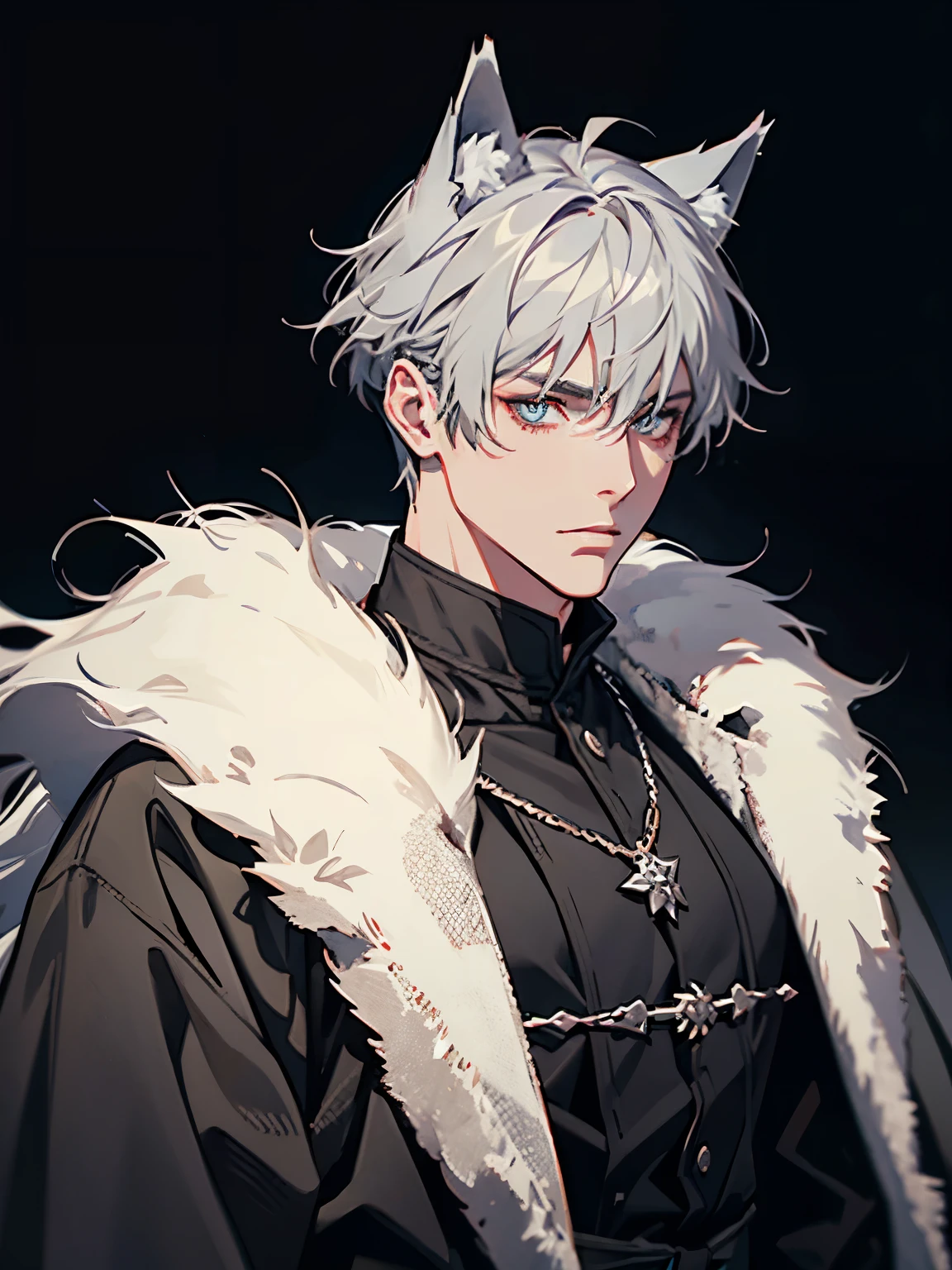 Wolf Man, Guy with Gray hair, male, wolf ears, standing, medieval dress looking at viewer, digital art, masterpiece, sharp, black background, close look, no background, portrait,