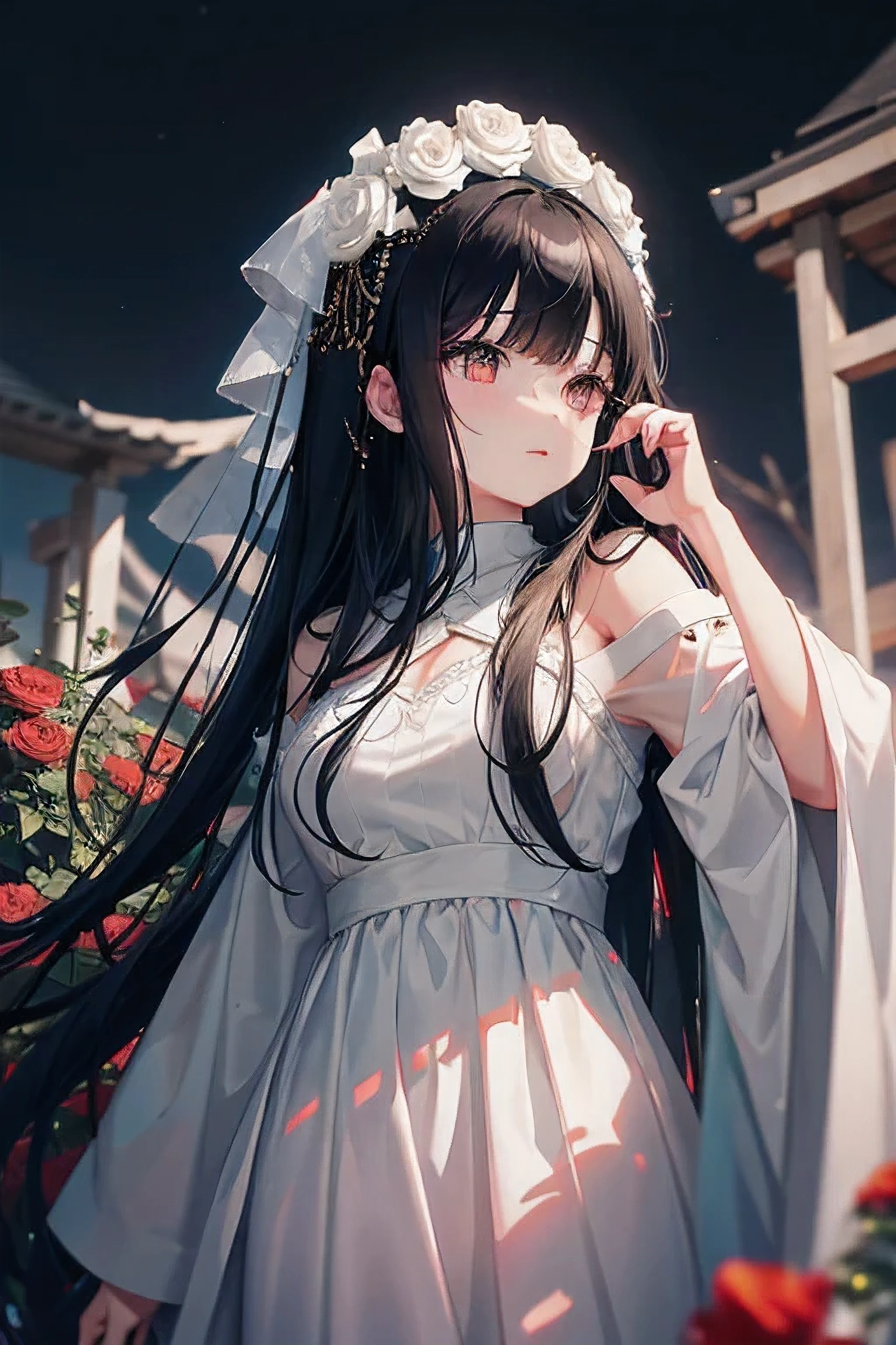 anime girl with long black hair and a white dress with red roses, tattoo, detailed beautiful eyes, guweiz, guweiz on pixiv artstation, detailed digital anime art, beautiful anime girl, guweiz on artstation pixiv, anime style 4 k, kawacy, beautiful anime portrait, detailed portrait of anime girl, detailed anime art, beautiful anime woman