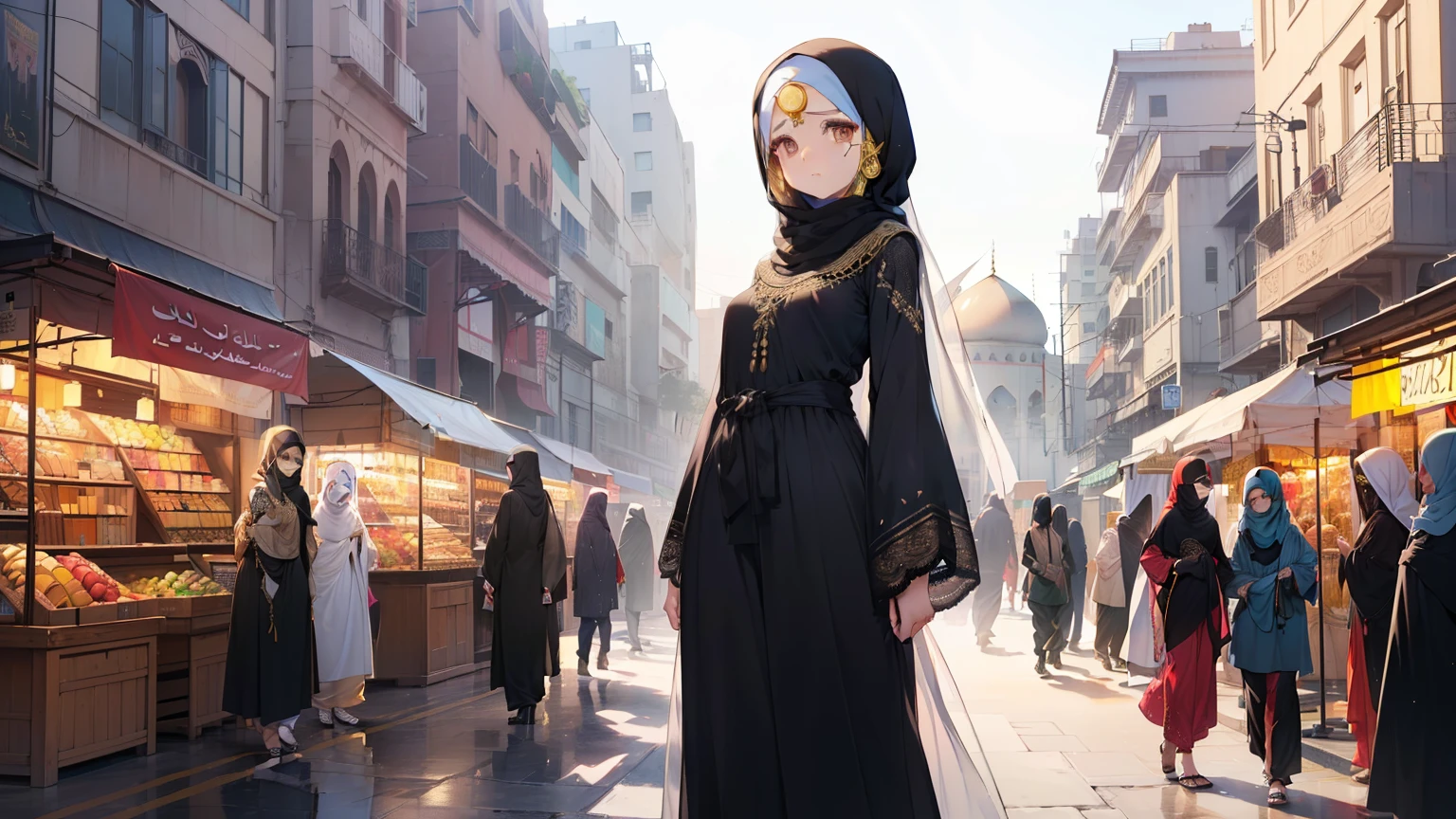 ((masterpiece)), ((best quality)), Muslim girl, ((beautiful face with hijab)), olive skin, brown eyes, ((clothes closed but hint of curves visible)), holding cellphone, ((long-sleeved blouse and high-waisted palazzo pants)), ((decorative hijab and modest accessories)), ((eyeliner and subtle lip color)), ((small waist and ample hips)), ((background of bustling market or mosque)), ((Colorful and intricate details)), ((ментBUSY Focus on cellphone screen and occasional glances at the viewer)), ((wearing traditional Nigerian Abaya or Pakistani Salwar Kameez)), ((deep sense of calm and focus in her expression)), ((