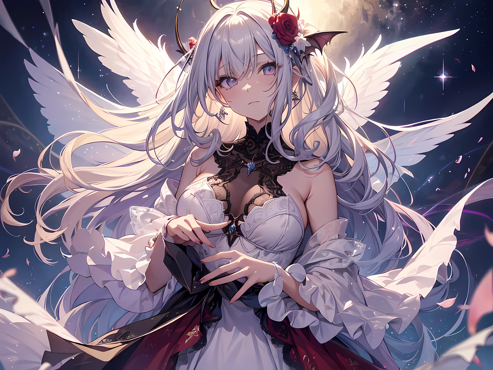 1girl,solo,((beautiful detailed eyes)), (detailed light),depth of field,(white hair),(red eyes), gold horn,(tail),hair over one eye, hair flower,long hair, small breasts, sky, star (sky), scenery, starry sky, night,starfall,raining,fog,sketch,intense shadows, <lora:stylePalesilver_v10:0.7> <lora:STYLE_v10:0.5>