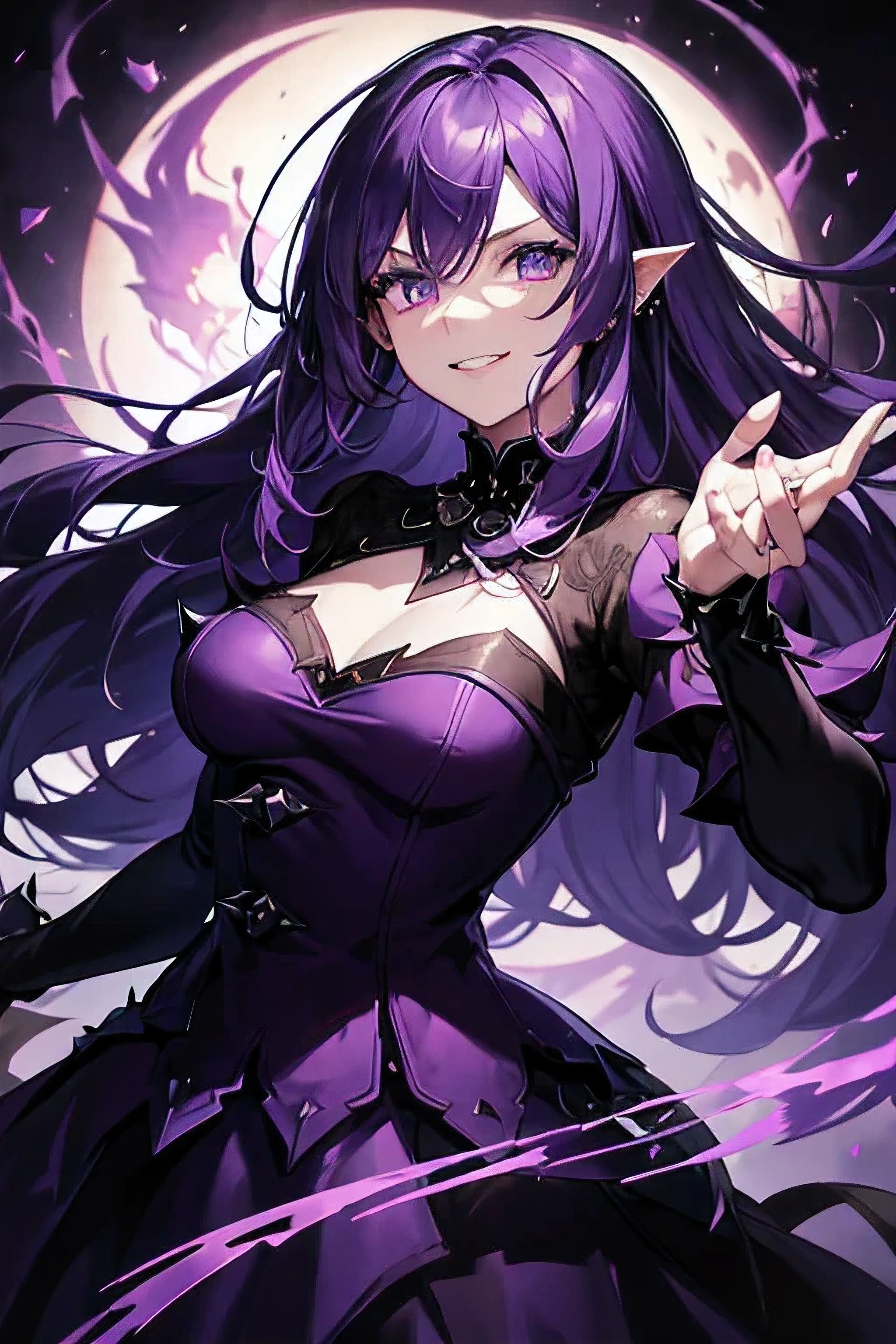 Ghost, (monster girl), purple skin, spikes, spiky purple hair, a fanged grin, floating hands, dressed in a dark-purple dress, floating in midair, masterpiece, best quality