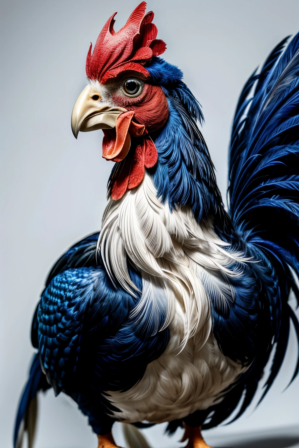 french tricolor rooster, mainly white feathers, a few blue feathers, blue background, proud posture, ultra realistic