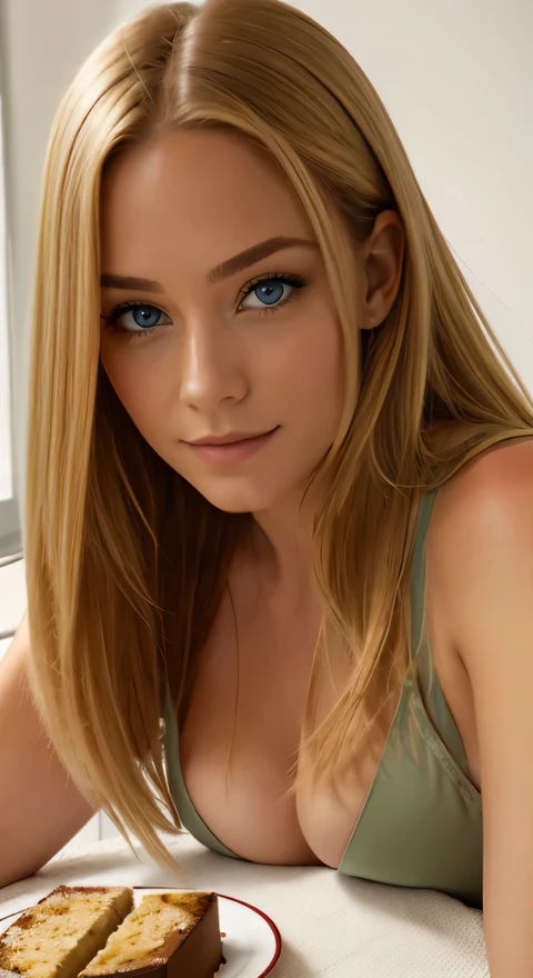 A beautiful woman, 20 Jahre alt mit hellblonden Haaren, nice blue eyes, sitze in einem kaffee, blick zu ihrem Kuchen auf dem Tisch, kleine goldene Halskette, large ,