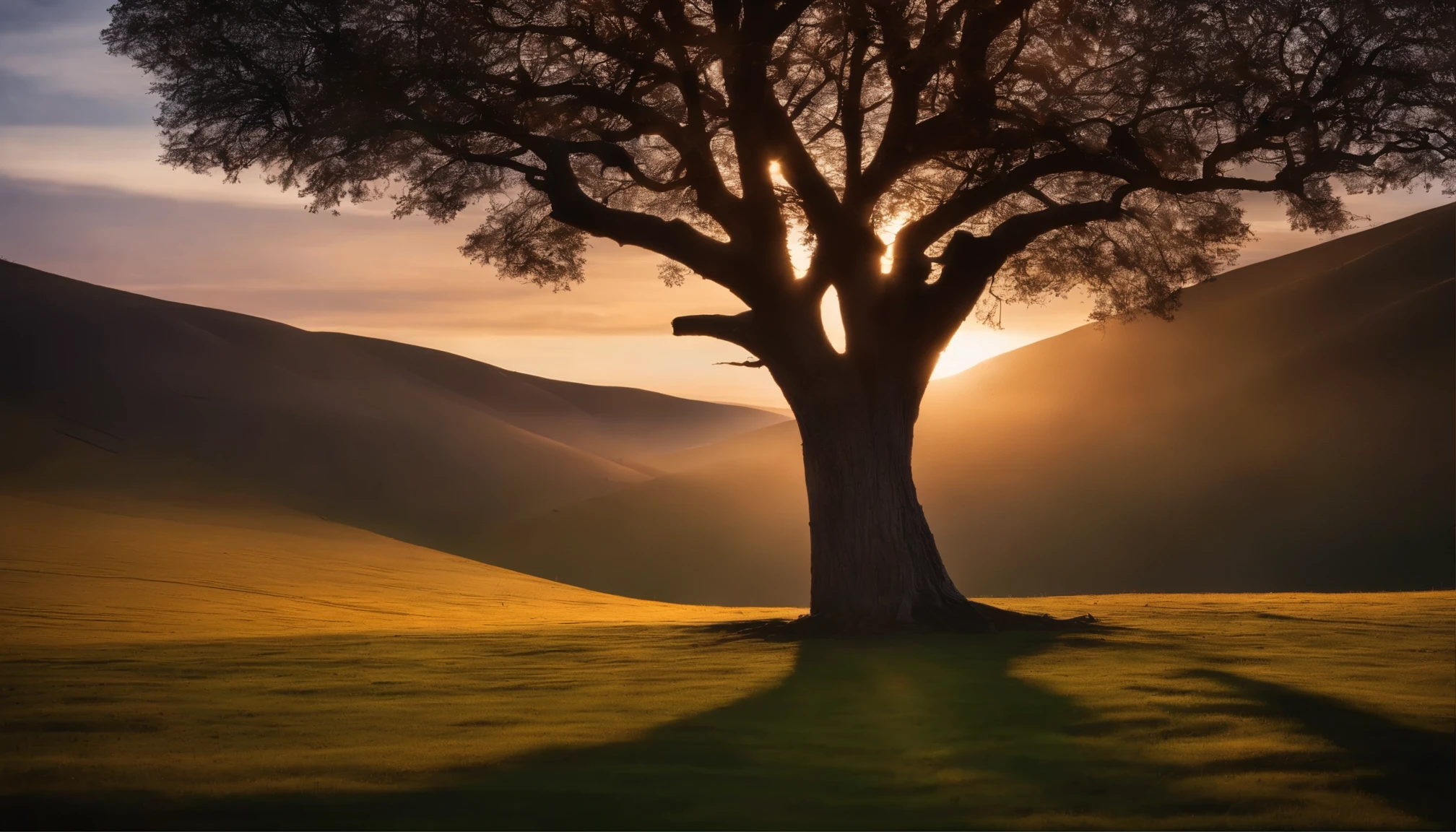 A minimalistic photograph capturing the intricate details of a lone tree, silhouetted against a simplified sunset, with long, dappled shadows gracing the ground, and every bark texture and needle captured realistically and in high definition.