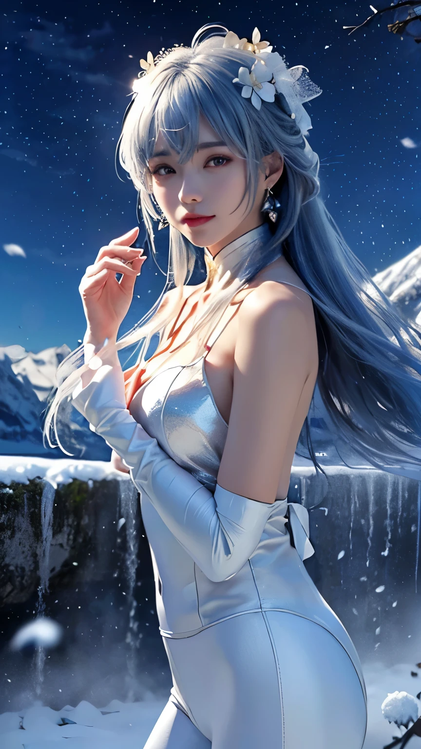 (Above the knees image:1.5)((masterpiece:1.5、8k、Portrait、Photorealistic and very detailed CG、Very detailed、Particle Effects、Dynamic Effects、Written boundary depth、Cinematic Light、Lens flare、Ray Tracing、Tabletop、Realistic:1.4、超A high resolution:1.2、Realistic、Realistic))((alone、A woman wearing a white fur long coat over a halter neck dress:1.4、Elegant woman posing:、Detailed face、Bright expression、Younger, brighter, whiter skin、small breasts:1.4、Best Looks、The ultimate beauty、Silver hair with dazzling highlights、Shiny bright hair,、Modern Hair Styles、hair dancing in the wind))(morning、The setting is a snowy hill overlooking ruins.)((A halter neck that shows off a little sideboob.7))