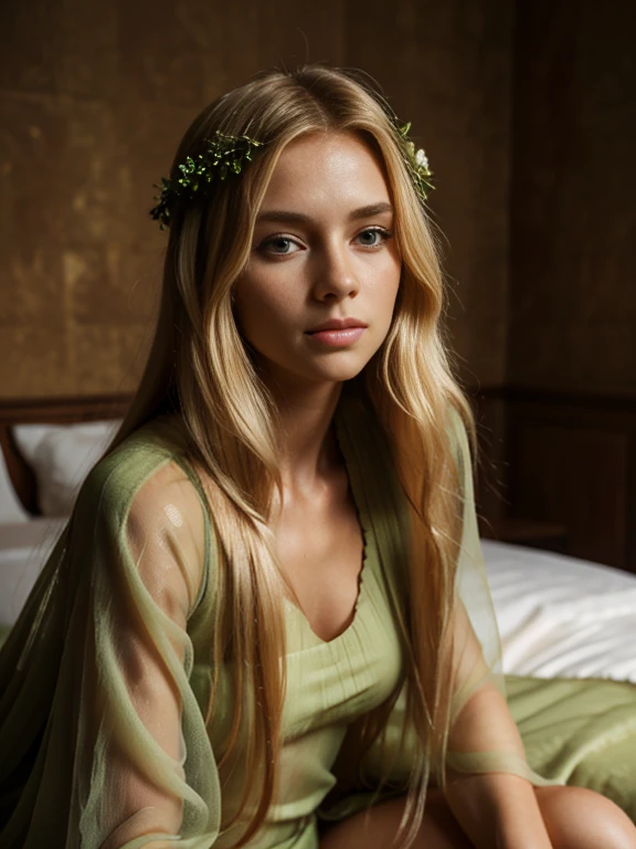 (ultra resolution, 16k, max details),Beautiful young woman from Gaul, Beautiful face, (slim body : 1.3), She is wearing a transparent Gallo-Roman toga. She has long blond hair and big green eyes, She is sitting on a bed made of bear fur.