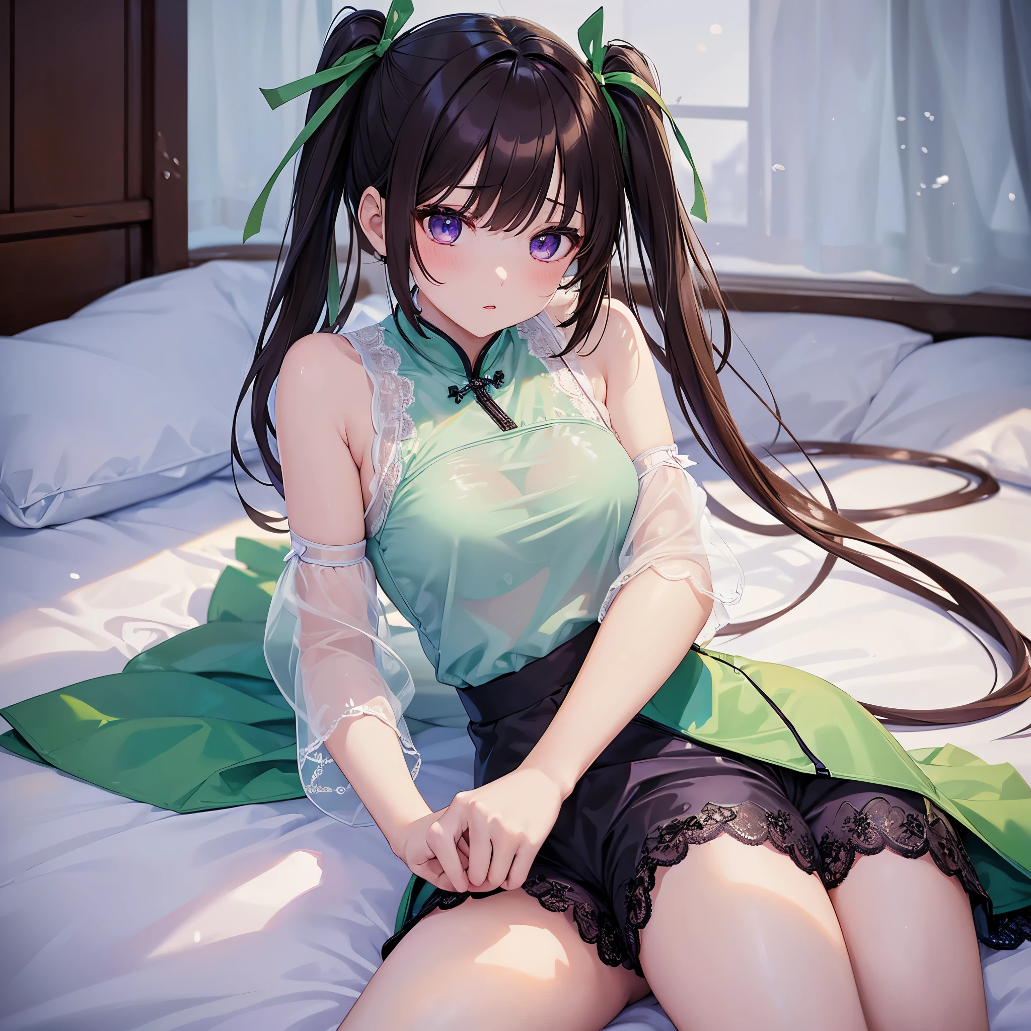 (highest quality:1.3),(masterpiece:1.3),with a girl,twin tails、green ribbon、Patsun bangs、purple eyes、short hair-、brown hair、Separate green and light blue see-through cheongsam dress、pants with zipper open、lace shorts、blowjob、Pose、On a snow-white bed、pure white background