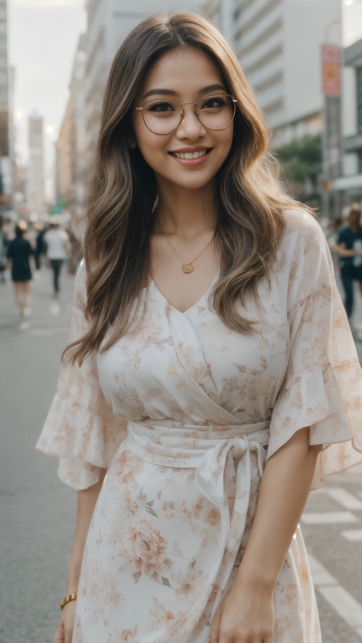 Malay girl very long white shiny wavy hair with High Sleek updo Bun and floral shawl, wear glasses, wear pastel color Floral Print Flounce Sleeve Square Neck Dress, pink sneakers, smiling, very long white hair, wear gold necklace, front view, windy, detail skin, age spot, detail skin texture, mole below eyes, very big breast, cleavage, wide hips, small waists, thick thighs, slim abs, beautiful body, morning, laughing, happy, bright lighting, people in background, city background, blur background, bokeh, location: japan city street, Prores lense, Low angle shot, blue color grading, cinemascope, natural light, Dynamic shadows, horror film, high quality, ultra detail, 8k, Panavision DXL2 camera,