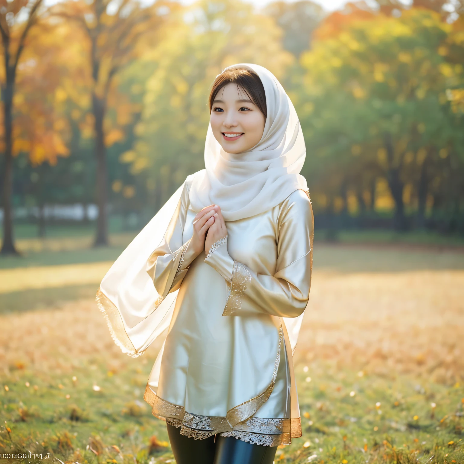 (RAW photo, best quality), (realistic, photo-realistic:1.3), 1 girl, solo girl, full body photo, extremely delicate and beautiful, Amazing, finely detail, masterpiece, ultra-detailed, highres,(best illustration), (best shadow),intricate,depth of filed, On a summer afternoon, a lovely red female muslim dress with tunic,white pashmina hijabs, hijab, In the golden hues of autumn, creating a soothing sound, shine eyes, immersing smile in harmony with nature, No hair seen,(blurry background:1.4), sharp focus, volumetric fog, 8k UHD, high quality, (film grain:1.4), apertur f/1.4,, black leather leggings, shiny leggings