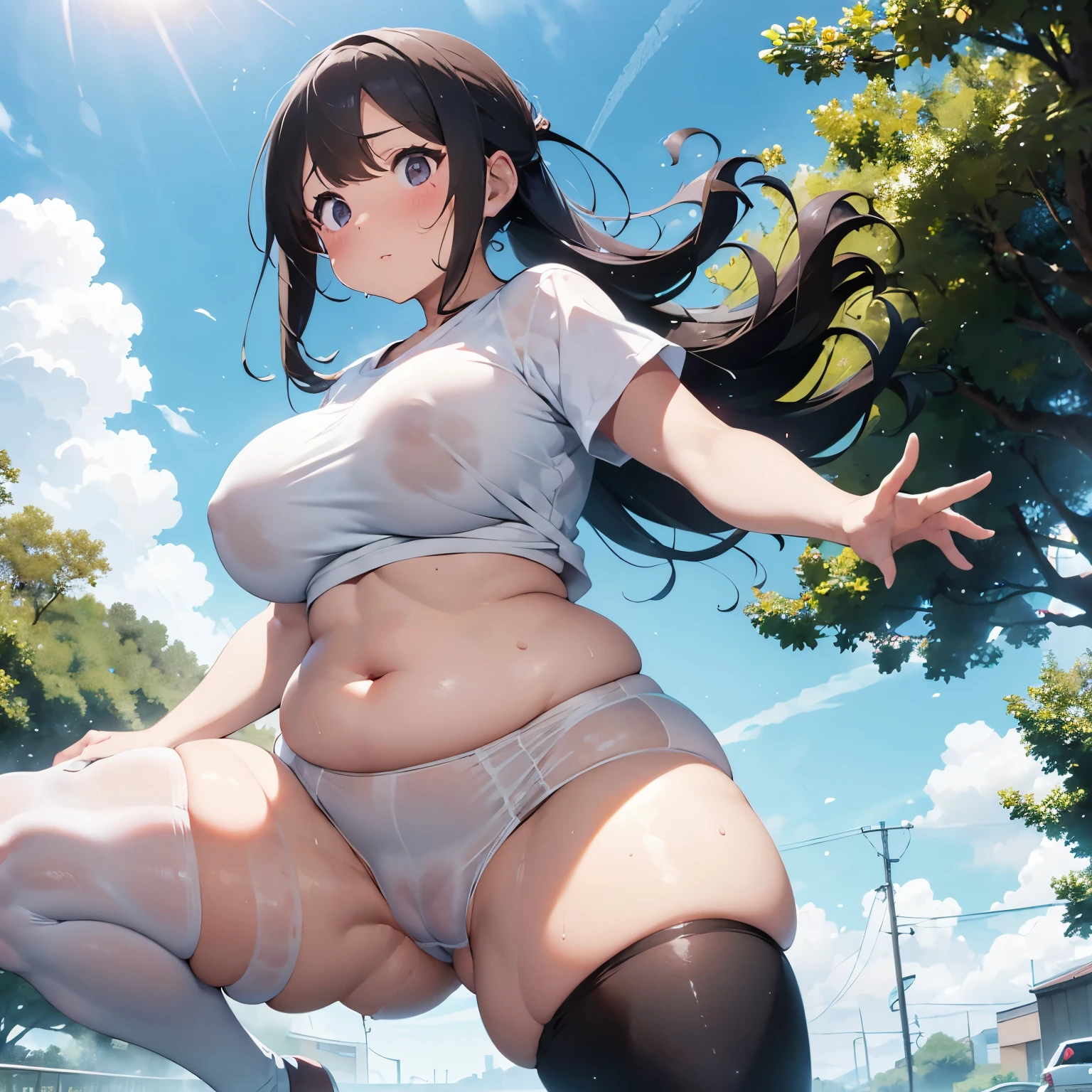 obese girl, ssbbw, colossal breasts, saggy breasts, fat belly, saggy belly, round belly, fat legs, wide hips, giant ass, short pink crop top, white leggings, wet clothes, very sweaty, park, sunny day, running, perfect movement, pain face