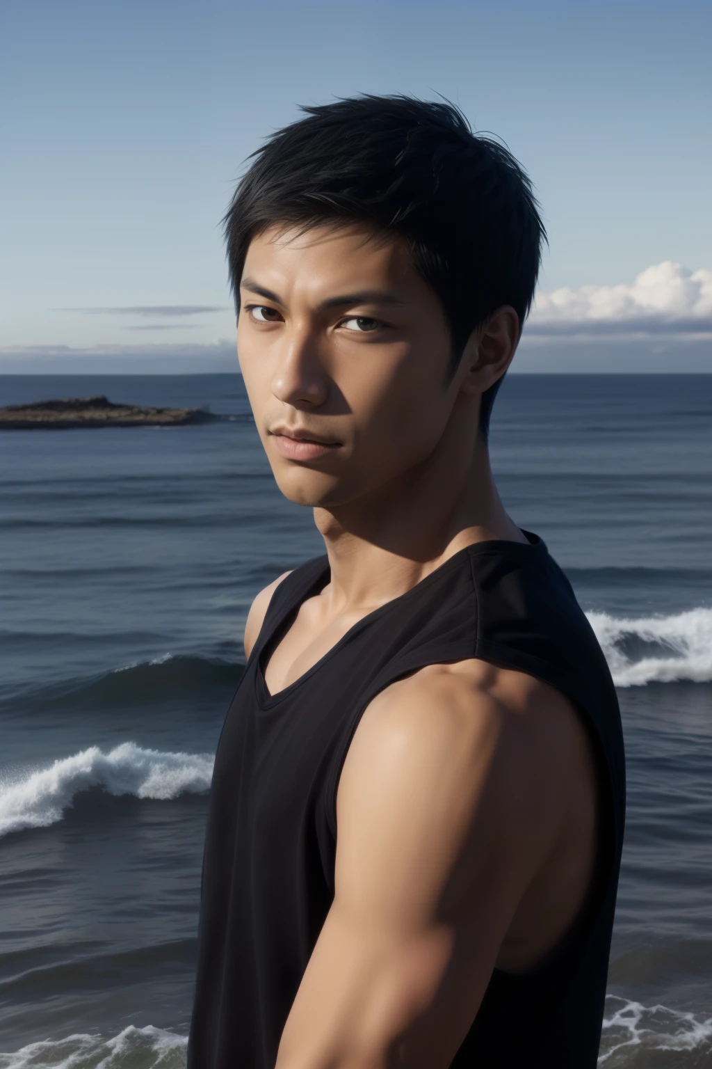 Realistic , Aomine Daiki , Loose black shirt, sea backdrop
