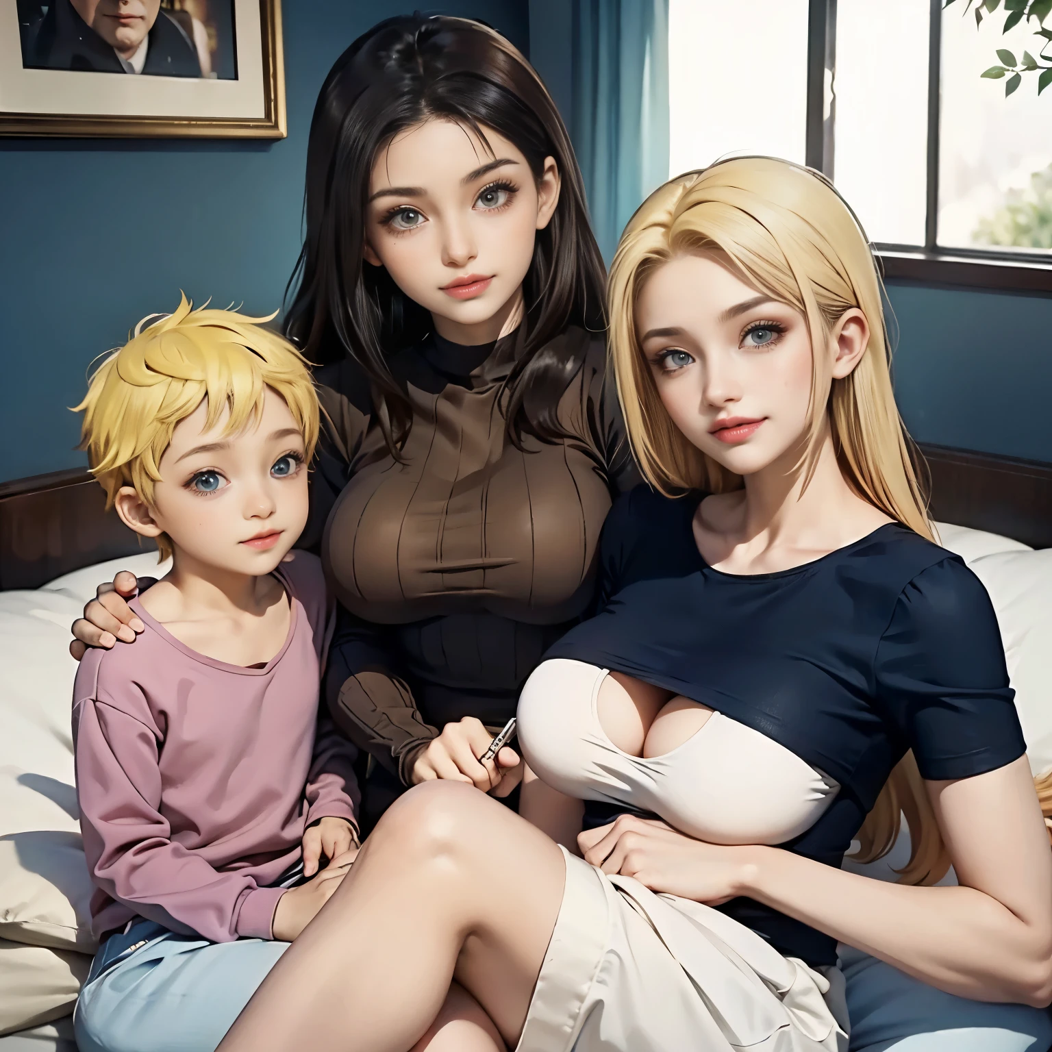 a mother and her son, European 40 year old milfs with his littleith blonde and brown hair, Mejor calidad:1.4), (Ultra high resolution:1.2), (8K, foto cruda:1.2), laurenalexis, 1 chica, chicas hermosas, The mom shows her curves., leaning seductively, vistiendo trajes sexys, with his little son, laros, a mother and her little son
