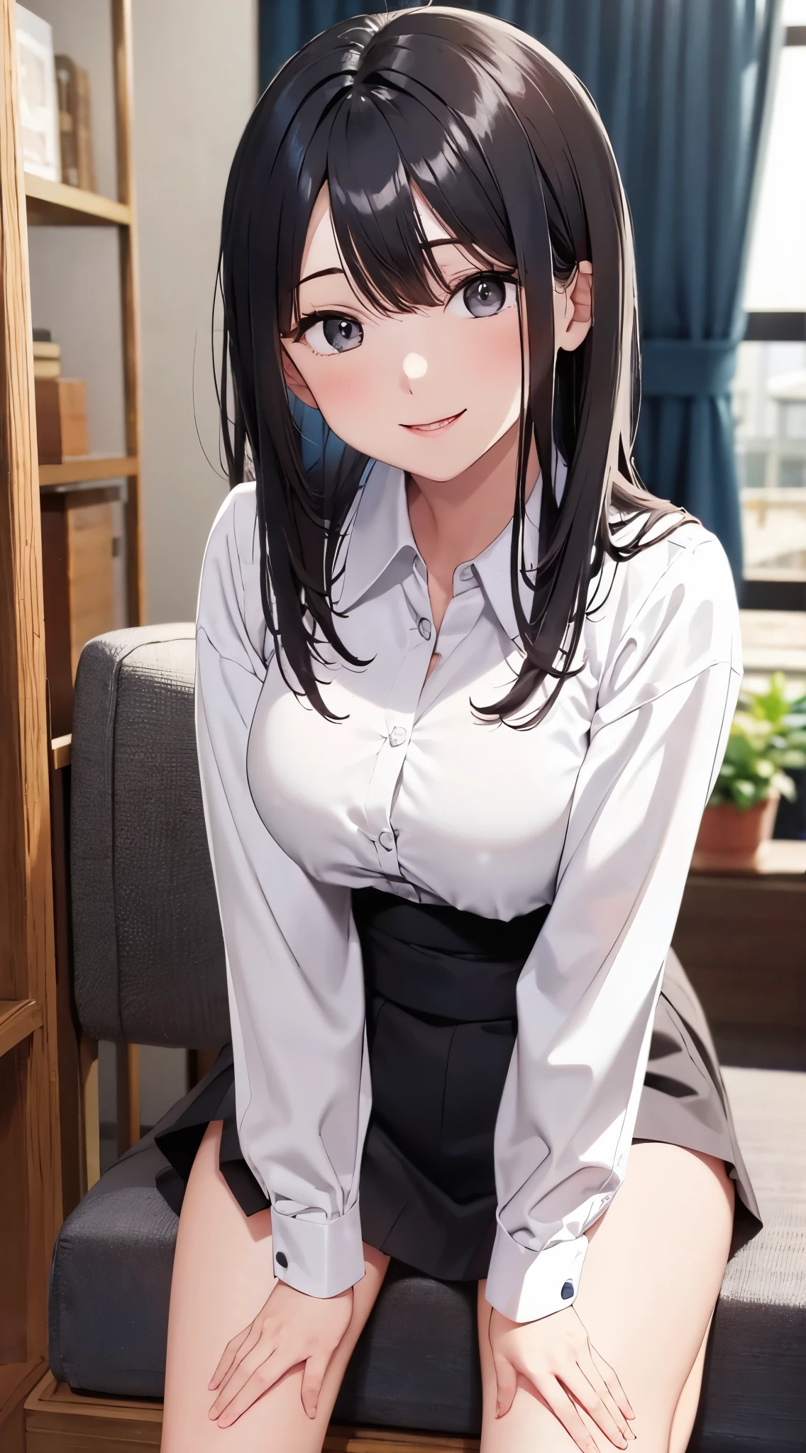 best quality, detailed face, highres, 1girl, middle breast, smile, silky shirts , dark gray skirt, good anatomy, looking at viewer, soft focus, cinematic lighting, depth of field, ((happy expression)), middle hair, bare legs, asymmetric hairstyle, 