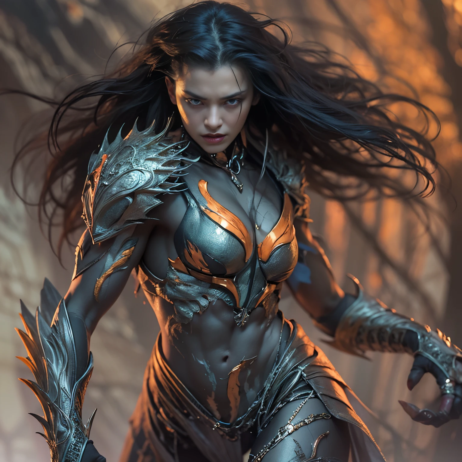 1 female alien, The predator, (extremely beautiful:1.2), (intense gaze:1.4), (predator:1.1), long dark claws, (NSFW:1), nipples, thick eyebrows, (She has shining sky blue orange eyes:1.2), the most beautiful face in the universe, jet black hair, symmetrical beautiful eyes, hyper detailed eyes,

A woman predator with an extremely beautiful face, her intense gaze fixed on her prey, a primal force that could not be denied.

(beautiful lean body:1.5), (muscular build:1.2), (prowling:1.3), (sleek movements:1.4)

Her beautiful body, muscular and toned, moved with sleek grace as she prowled, ready to strike at a moment's notice. The predator within her was always on,                                                                          
                                                                                                                                                               
 cinematic drawing of characters, ultra high quality model, cinematic quality, detail up, (Intricate details:1.2), High resolution, High Definition, drawing faithfully, Official art, Unity 8K wall , 8K Portrait, Best Quality, Very High resolution, ultra detailed artistic photography,