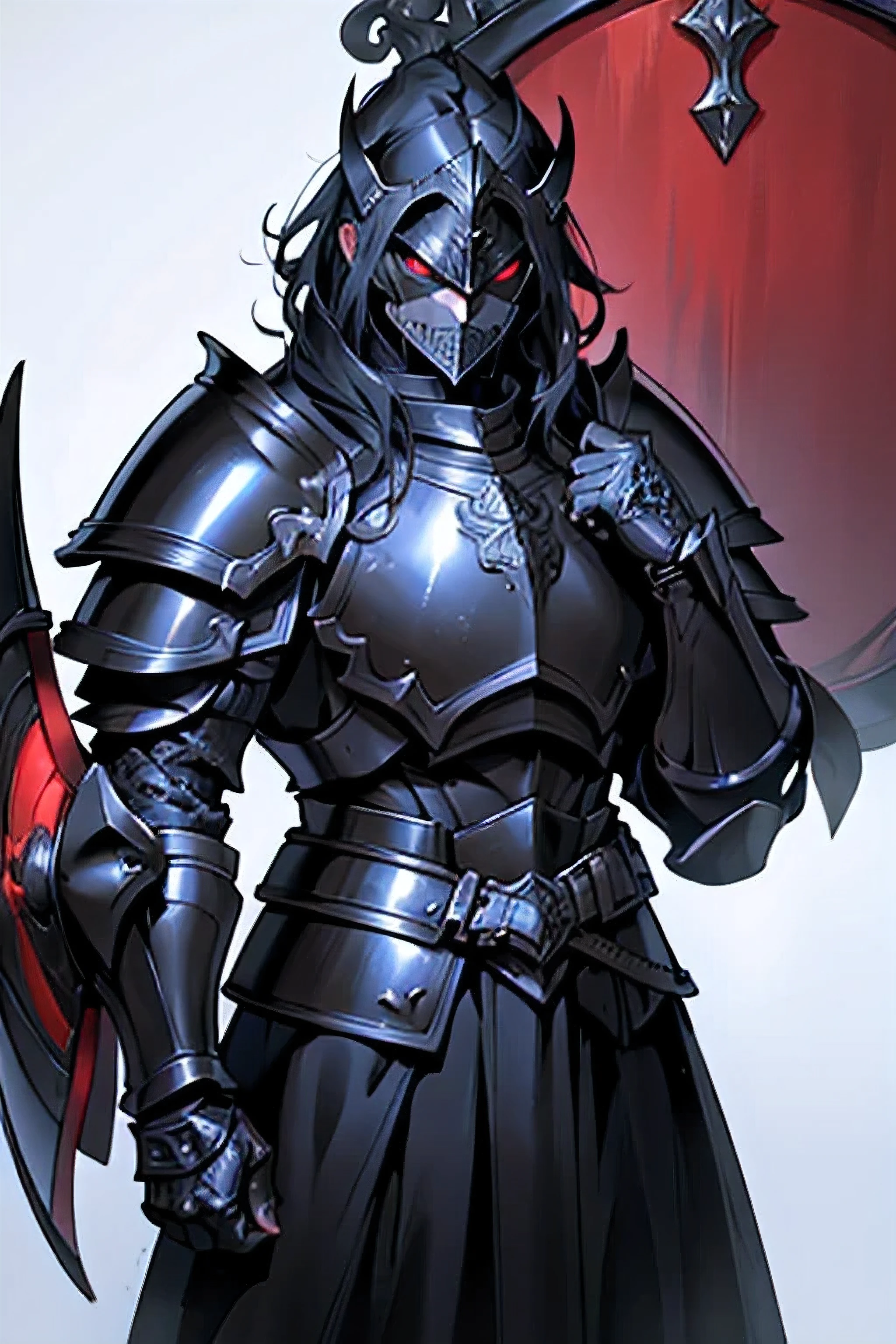 masterpiece , extremely detailed , official artwork , delicate, evil paladin He holds a black and red shield in his hand wearing black full plate armor , black armor , mask , full plate armor ,epic background , villainous eyes 