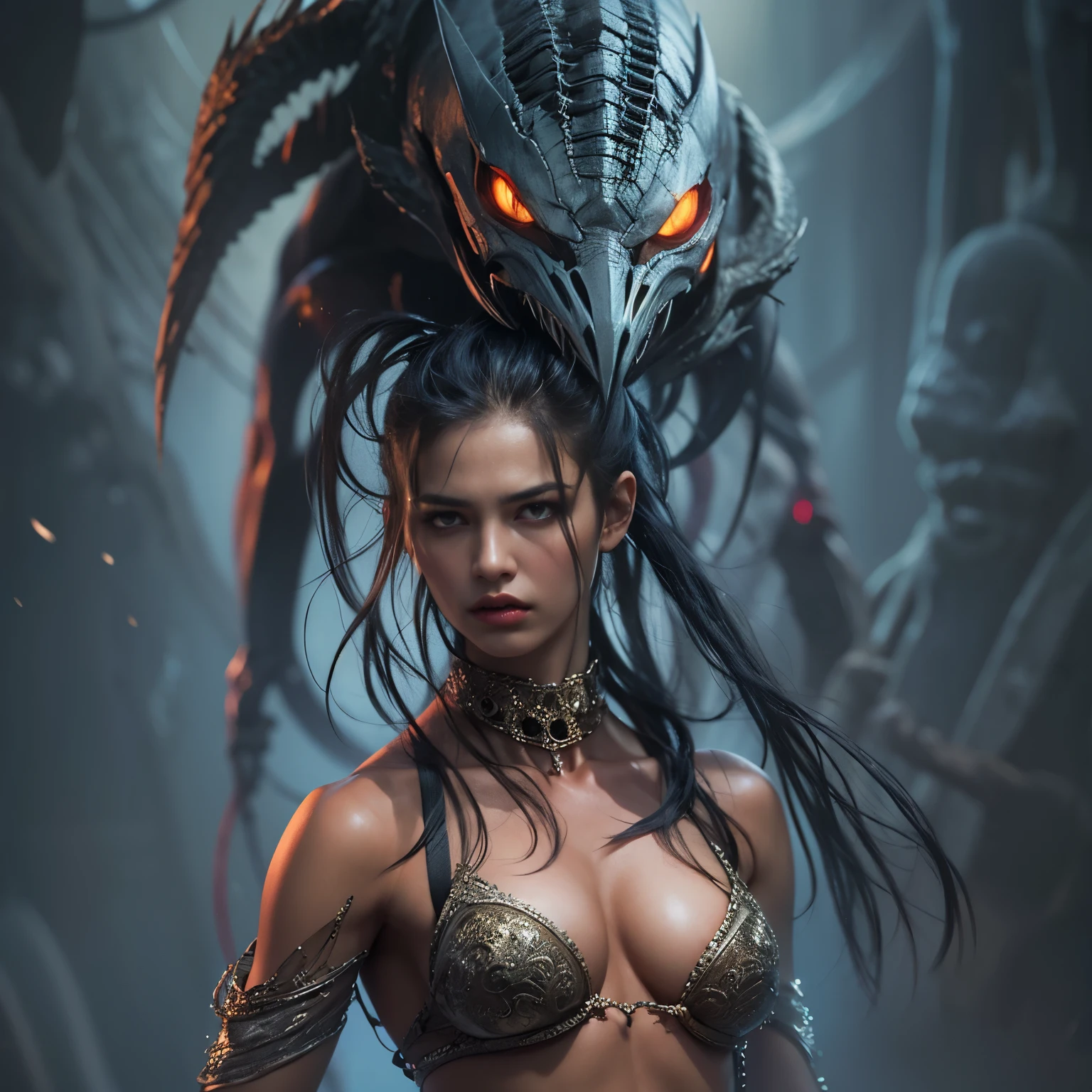 1 female alien, The predator, (extremely beautiful:1.2), (intense gaze:1.4), (predator:1.1), long dark claws, (NSFW:1), nipples, thick eyebrows, (She has shining sky blue orange eyes:1.2), the most beautiful face in the universe, jet black hair, symmetrical beautiful eyes, hyper detailed eyes,

A woman predator with an extremely beautiful face, her intense gaze fixed on her prey, a primal force that could not be denied.

(beautiful lean body:1.5), (muscular build:1.2), (prowling:1.3), (sleek movements:1.4)

Her beautiful body, muscular and toned, moved with sleek grace as she prowled, ready to strike at a moment's notice. The predator within her was always on,                                                                          
                                                                                                                                                               
 cinematic drawing of characters, ultra high quality model, cinematic quality, detail up, (Intricate details:1.2), High resolution, High Definition, drawing faithfully, Official art, Unity 8K wall , 8K Portrait, Best Quality, Very High resolution, ultra detailed artistic photography,