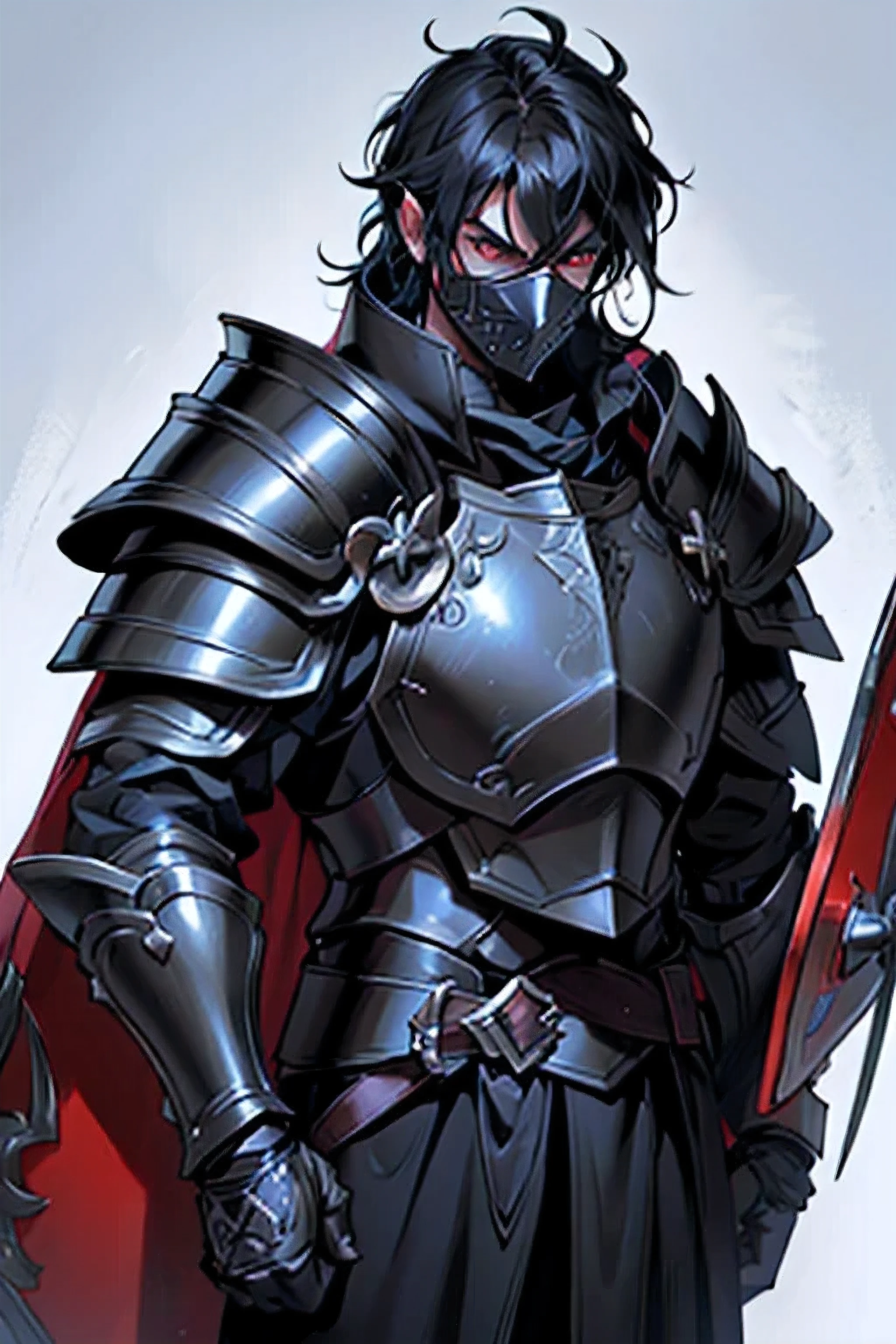 masterpiece , extremely detailed , official artwork , delicate, evil paladin He holds a black and red shield in his hand wearing black full plate armor , black armor , mask , full plate armor ,epic background , villainous eyes 