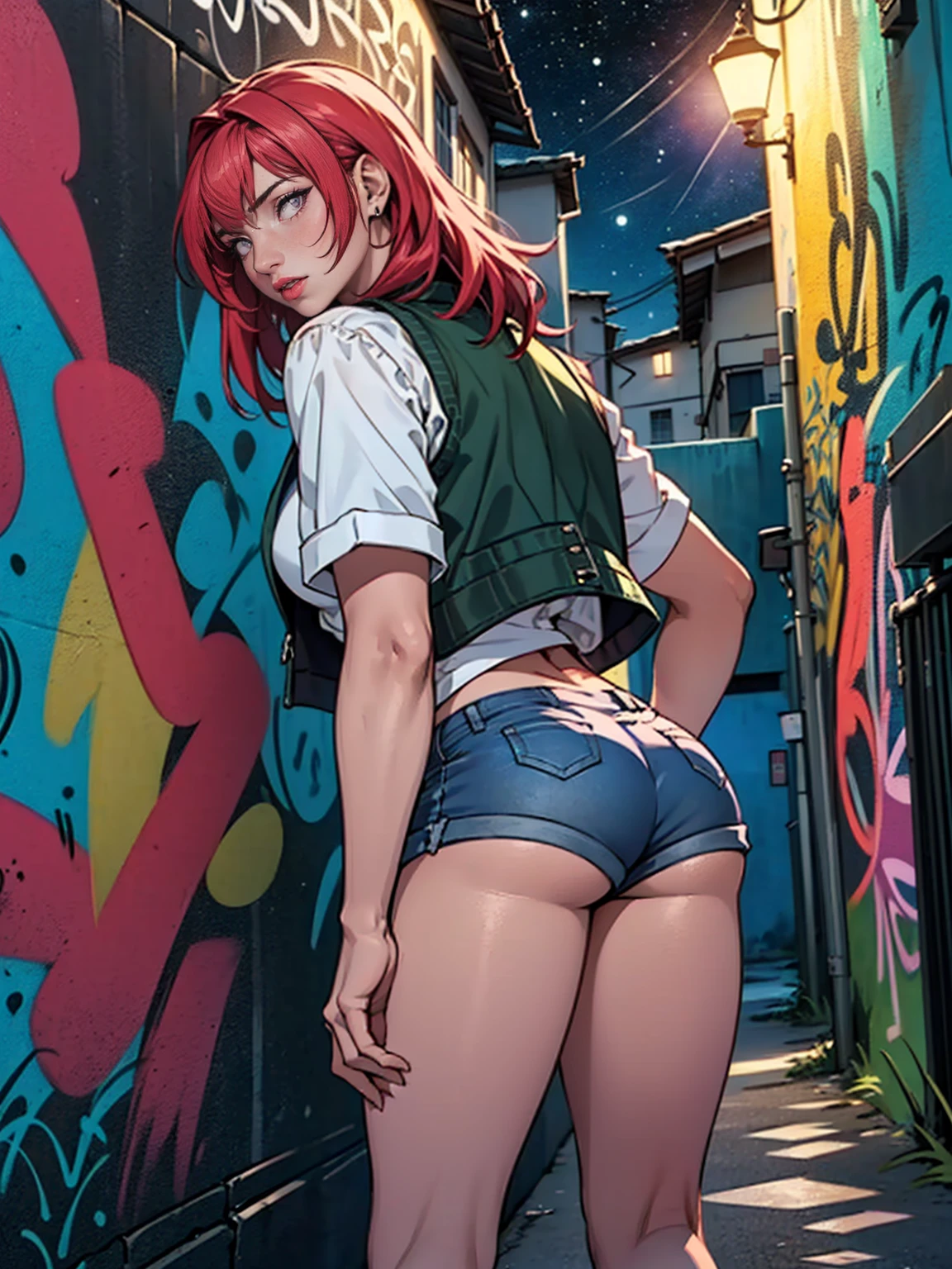 ((TakashiroHiroko, dark purple eyes, red hair, pink lipstick, Extremely detailed, ambient soft lighting, 4k, perfect eyes, a perfect face, perfect lighting, a 1girl, Lush)) austere,((dark green vest, short top, short shorts, unbuttoned shorts)), blue sky, clouds, erotica, lots of erotica, (graffiti alley, graffiti walls, in an alley, night, moonlight, starry night), MFBP1, back, ass