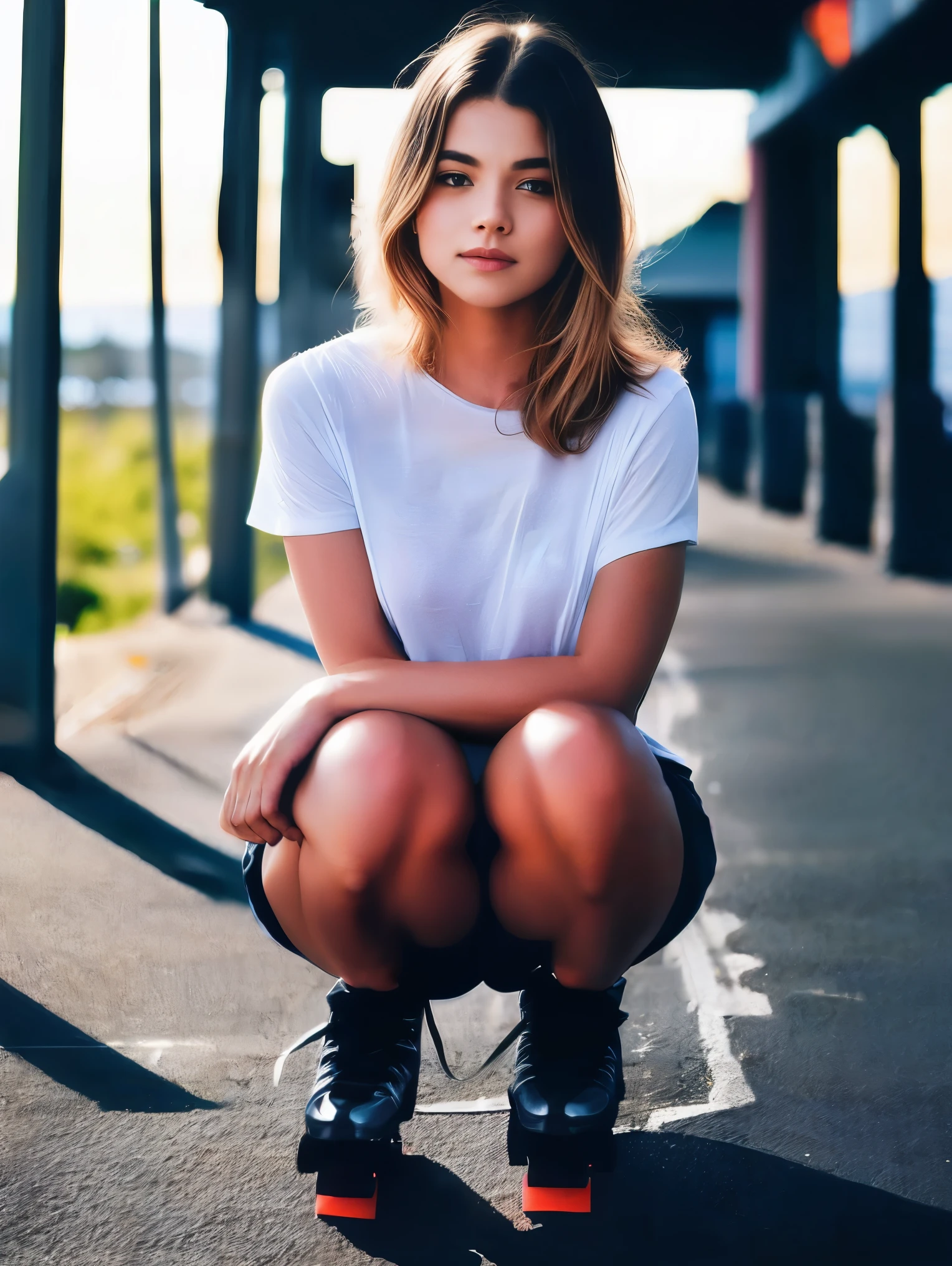 RAW photo, casual photo of beautiful 18yo  swedish  woman with  perfect hair  wearing    tshirt and  Lounge shorts   squatting on  rollerskates  , sexy posture,Golden hour,     at street, (full body shot), full body,  looking into camera, 1girl,  view from front,  extremely high quality RAW photograph, detailed background, intricate, Exquisite details and textures, highly detailed, ultra detailed photograph, warm lighting, 4k, sharp focus, high resolution, (detailed skin:1.2), detailed eyes, 8k uhd, dslr, high quality, film grain