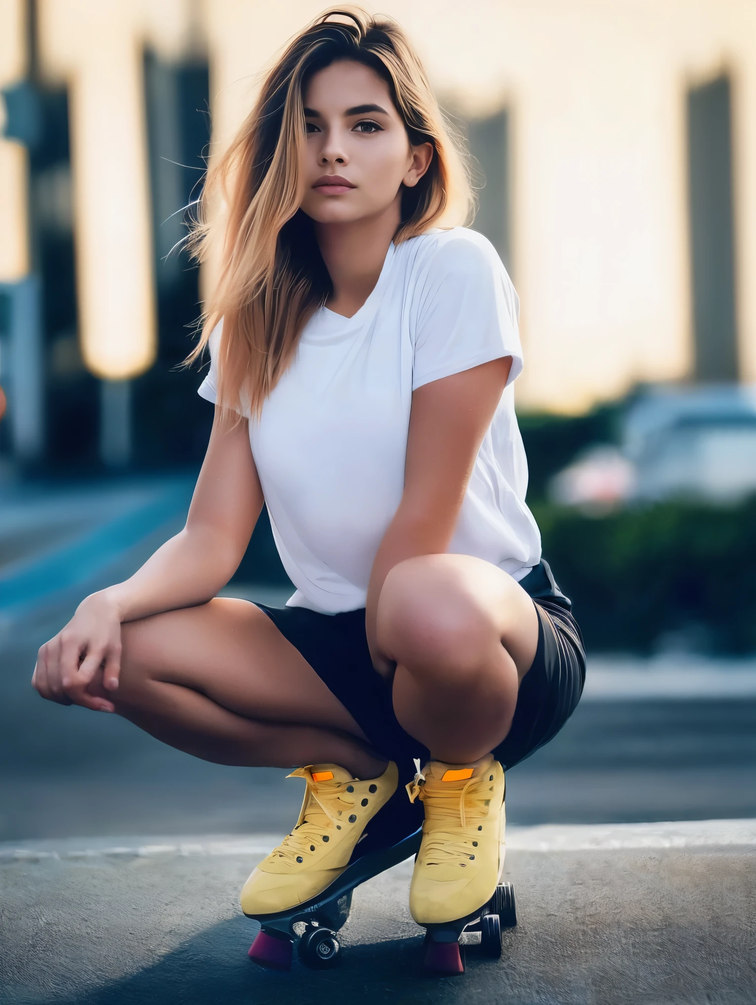 RAW photo, casual photo of beautiful 18yo  swedish  woman with  perfect hair  wearing    tshirt and  Lounge shorts   squatting on  rollerskates  , sexy posture,Golden hour,     at street, (full body shot), full body,  looking into camera, 1girl,  view from front,  extremely high quality RAW photograph, detailed background, intricate, Exquisite details and textures, highly detailed, ultra detailed photograph, warm lighting, 4k, sharp focus, high resolution, (detailed skin:1.2), detailed eyes, 8k uhd, dslr, high quality, film grain