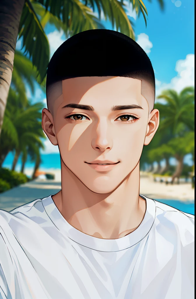 (High resolution, super detailed)、A park near the sea in Miami, USA、skin head、A gentle smile full of compassion、good looking、Handsome guy、Japanese、aldult、white t-shirt、beautiful brown eyes、skin head、Beautiful depiction of light and shadow