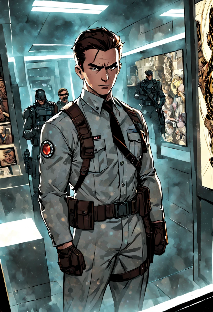 Type of Image comic book cover, Subject Description a Secret Agent with gadgets visible on a tactical belt, sneaking through a laser security system in a museum with ancient artifacts, Art Styles bold ink outlines with cell shading, Art Inspirations from Marvel Comics and DC Comics, Camera 800mm, Shot extreme close-up of the agent's focused eyes with reflection of the lasers, Render Related Information high resolution with dynamic action lines and color splash effects