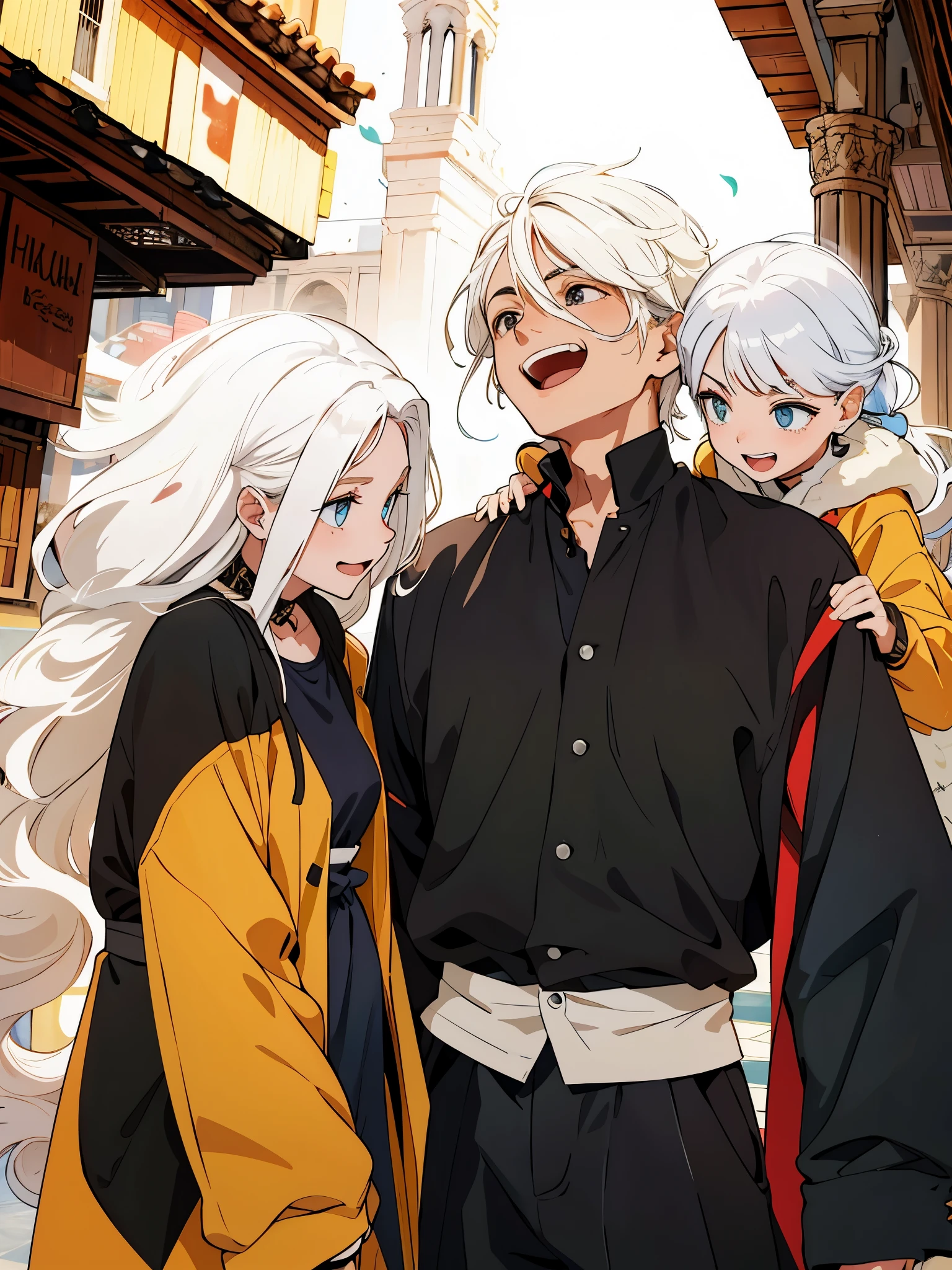 hay tres chicos de cabello blanco y hermosos ojos amarillos se estan riendo burlando de alguien