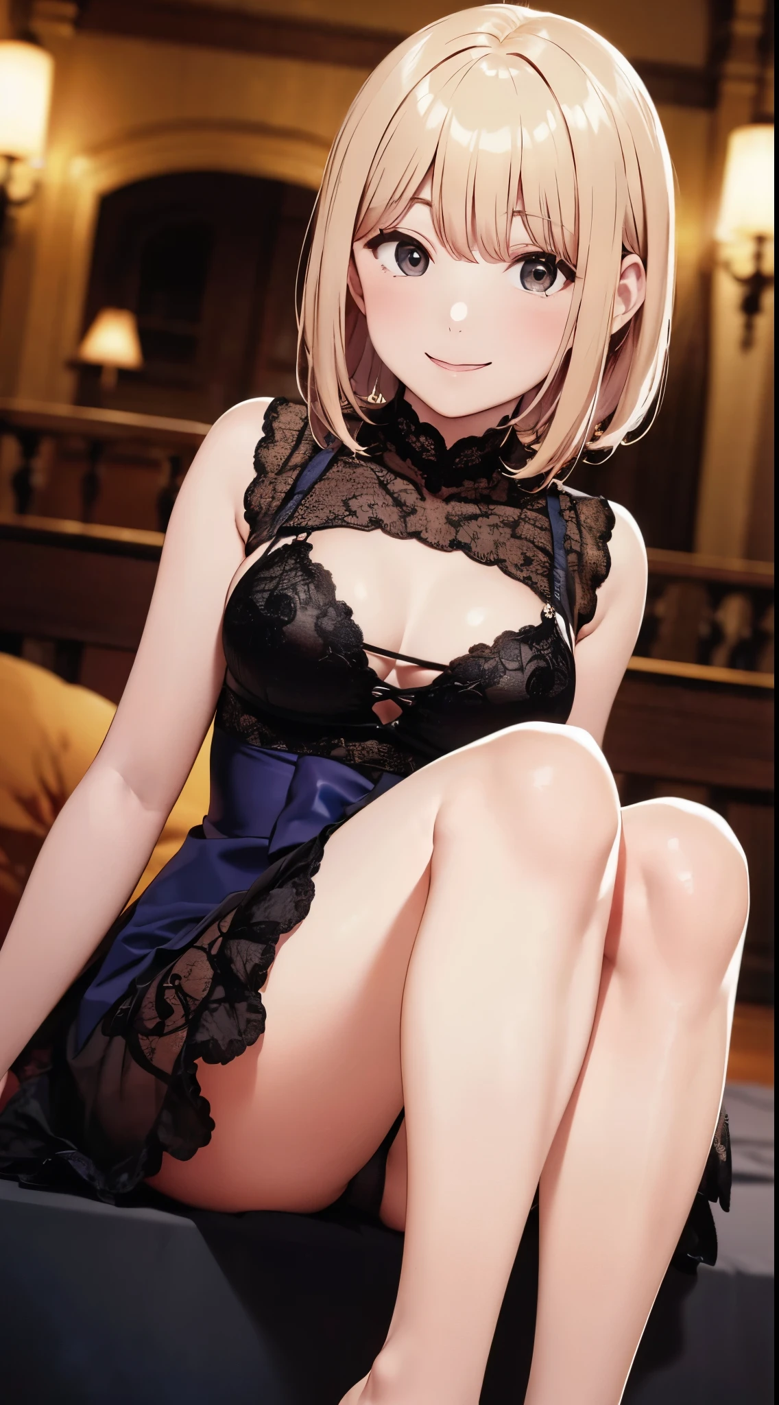 best quality, detailed face, highres, 1girl, middle , smile, silky dress, good , looking at viewer, soft focus, cinematic lighting, depth of field, ((happy expression)), middle hair,  legs, asymmetric hairstyle, 