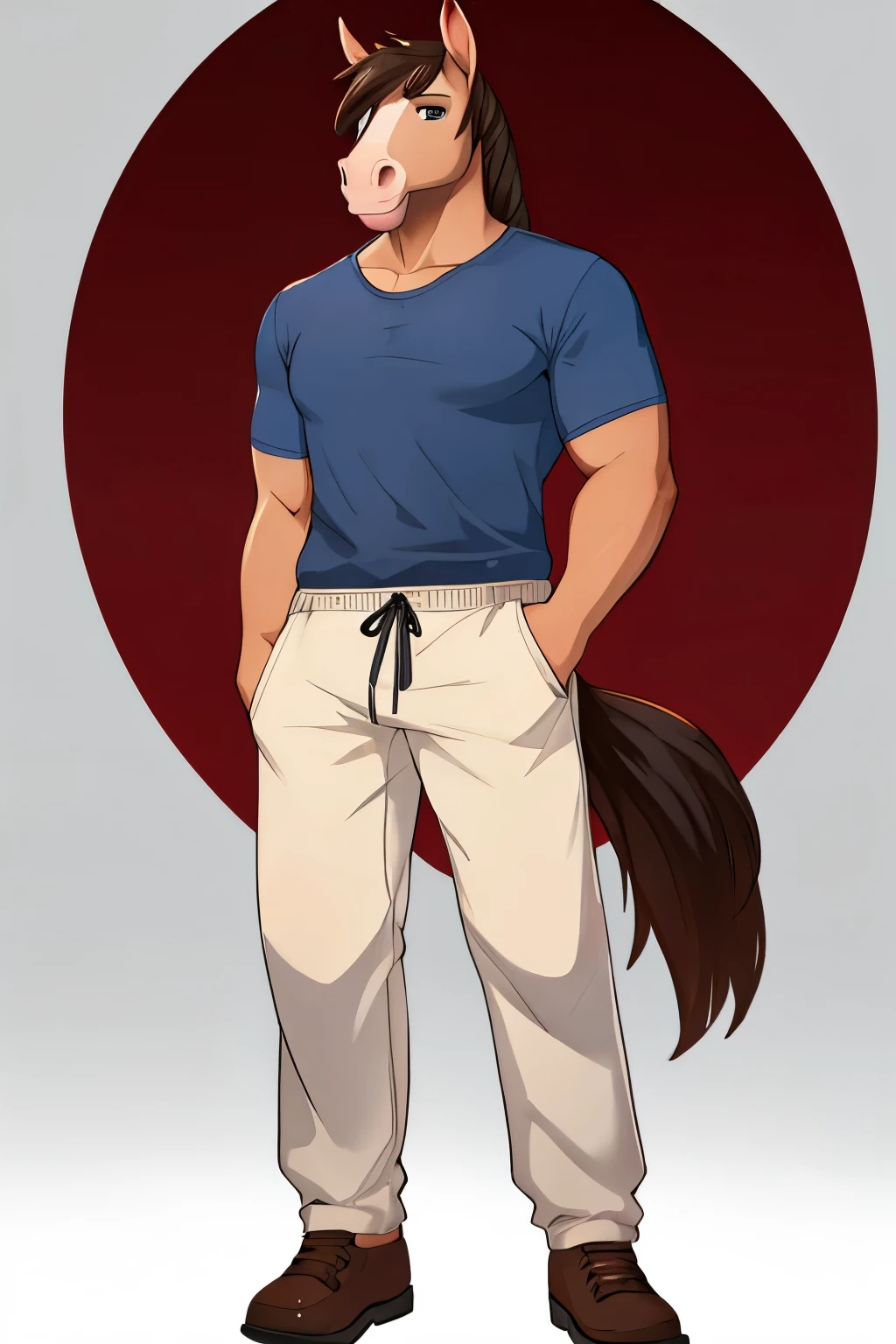 hombre caballo, furry, fondo simple, fondo transparente, horse face, full body, con pantalones, con camiseta,