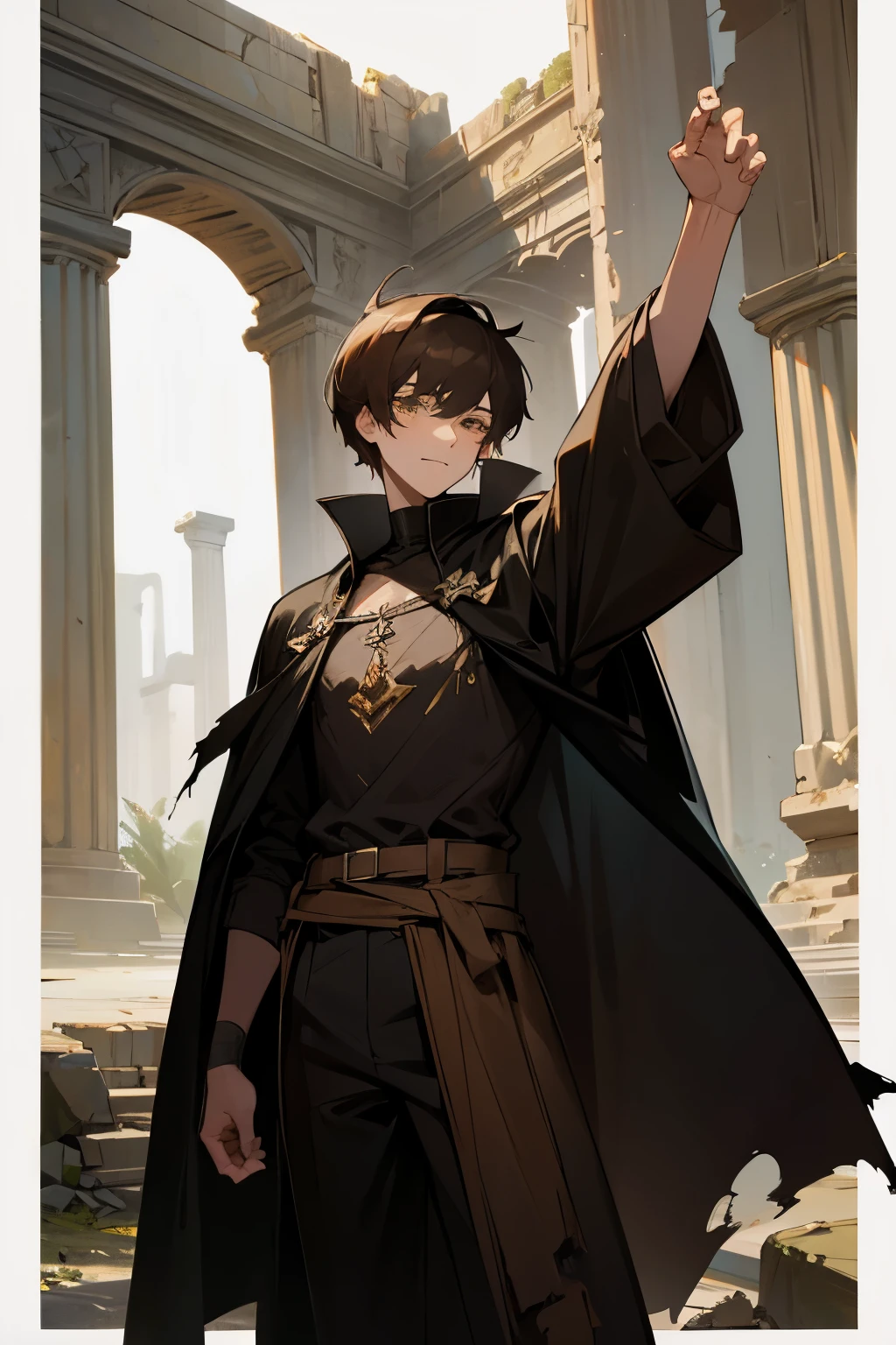 guy, 19 years old, tall, short brown hair, amber eyes, black cape, old torn clothes, ancient ruin