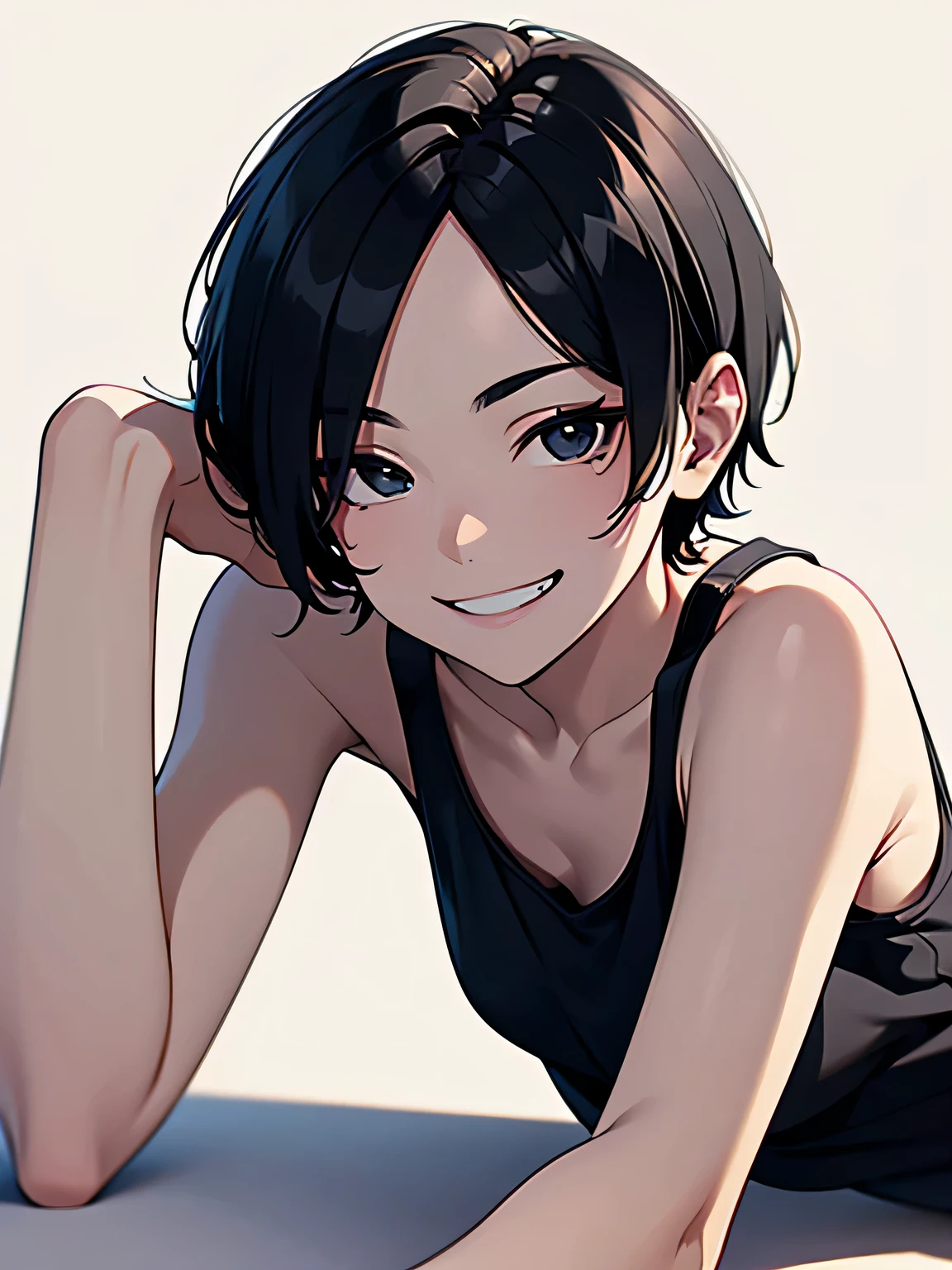 masterpiece,highest quality,Beautiful face and eyes in every detail,(black eye),alone,skinny、flat chest、 black hair,(very short hair),amount,flowing bangs,(grinning eyes)、(white tank top),white background,dynamic angle:1.2,Liar, stretch,