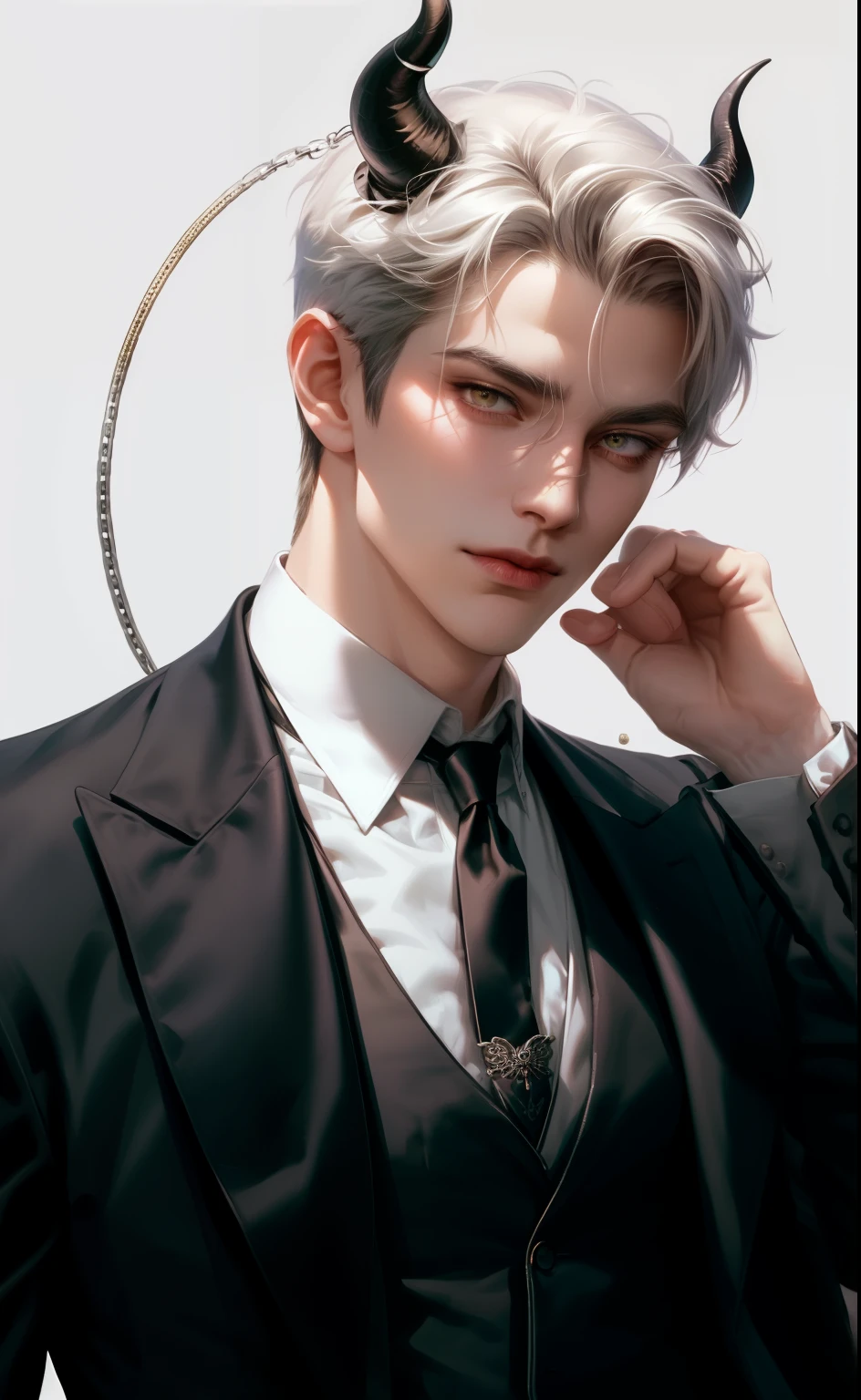(masterpiece,best quality,ultra_detailed,highres,absurdres),1 mature male, 30-ish, (wide shoulder), (muscular), male focus, solo, white undercut hair, chain, shirt, black necktie, necktie, hell background, yellow eyes, upper body, vest, short hair, looking at viewer, smile face, parted lips, collared shirt, round eyewear, long sleeves, hand on own shoulder, white shirt, brown background, black vest, monocle, jewelry. man with horns on his head, fit male demon with white horns, oni horns, demon, albino demon