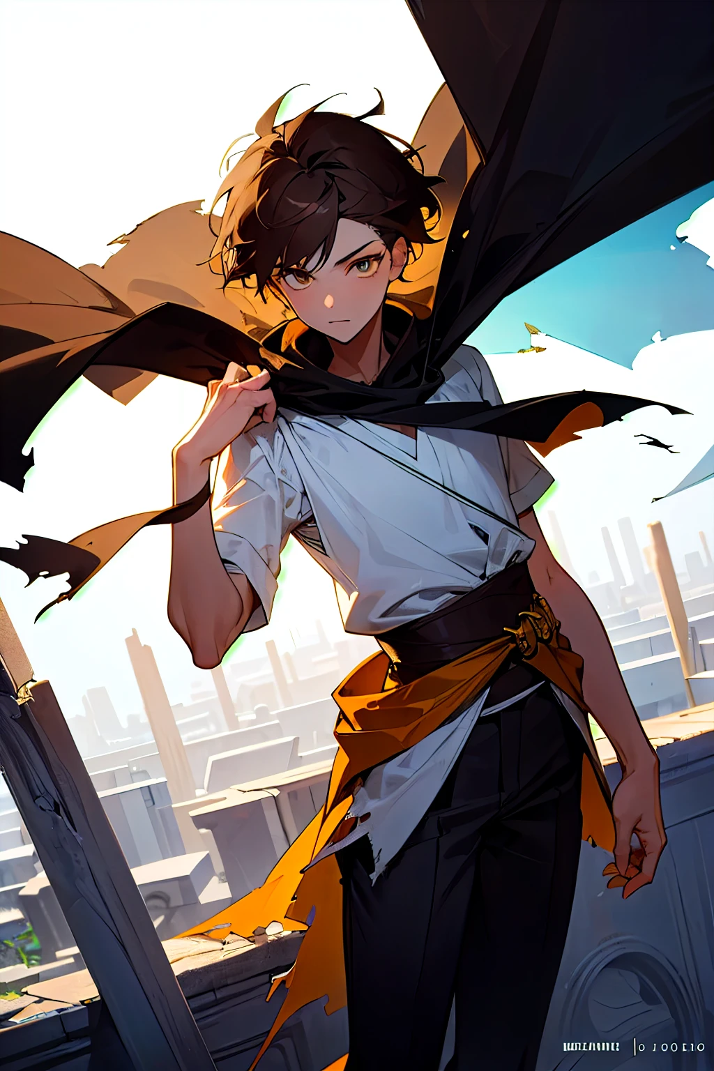 guy, 19 years old, tall, short brown hair, amber eyes, white shirt, black cape, old torn clothes, ancient ruin