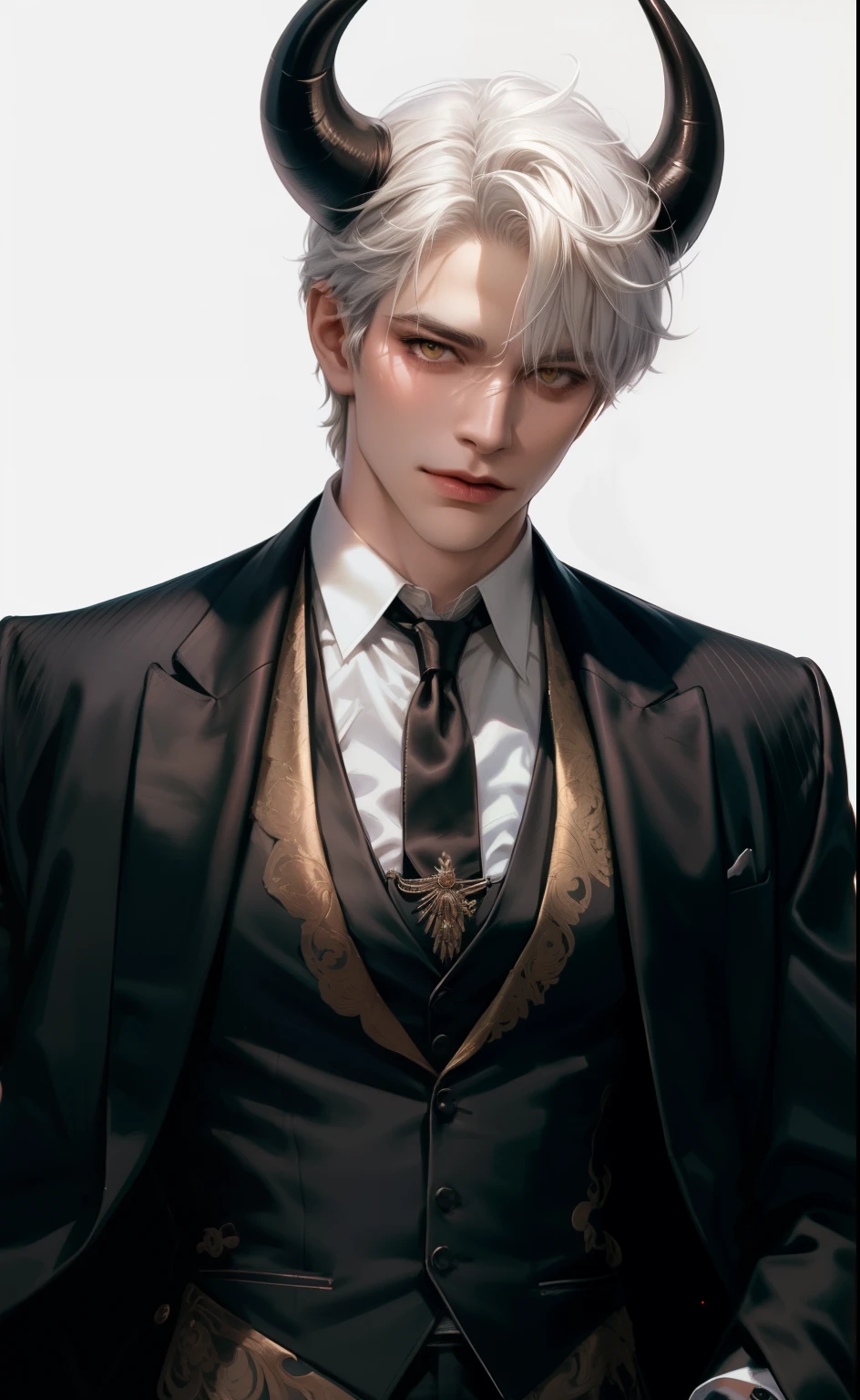 (masterpiece,best quality,ultra_detailed,highres,absurdres),1 mature male, 30-ish, (wide shoulder), (muscular), male focus, solo, white hair, chain, shirt, black necktie, necktie, hell background, yellow eyes, upper body, vest, short hair, looking at viewer, smile face, parted lips, collared shirt, round eyewear, long sleeves, hand on own shoulder, white shirt, brown background, black vest, monocle, jewelry. man with horns on his head, fit male demon with white horns, oni horns, demon, albino demon