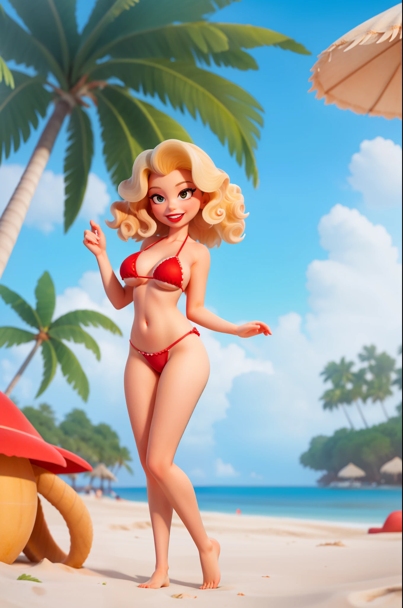 (best quality, 4k, high definition), beautiful blonde on the beach, medium curls, (scarlet micro bikini), languid look, red lipstick, big lips, sexy character in Disney Pixar style, full body, beach background, sand, sun ,bright colors, fun and playful, relaxed atmosphere, soft waves, coconut trees, seashells on white sand, joyful and carefree, fresh summer atmosphere