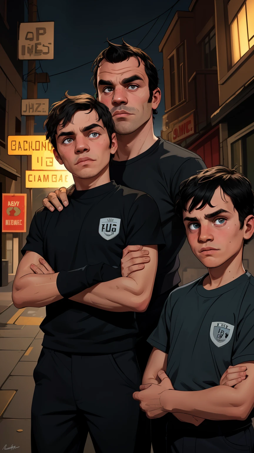 GTA 5 wallpaper. ((two brothers, kids, 10yo and 6yo)), (((2boys))), with arms crossed style , anfgry face, wearing urban style, black pants, Bad Boy Style . highly detailed, detailed face, ((detailed eyes)), realistic, cinematic day lighting, studio quality, professional, detailed face, intricate, vivid colors